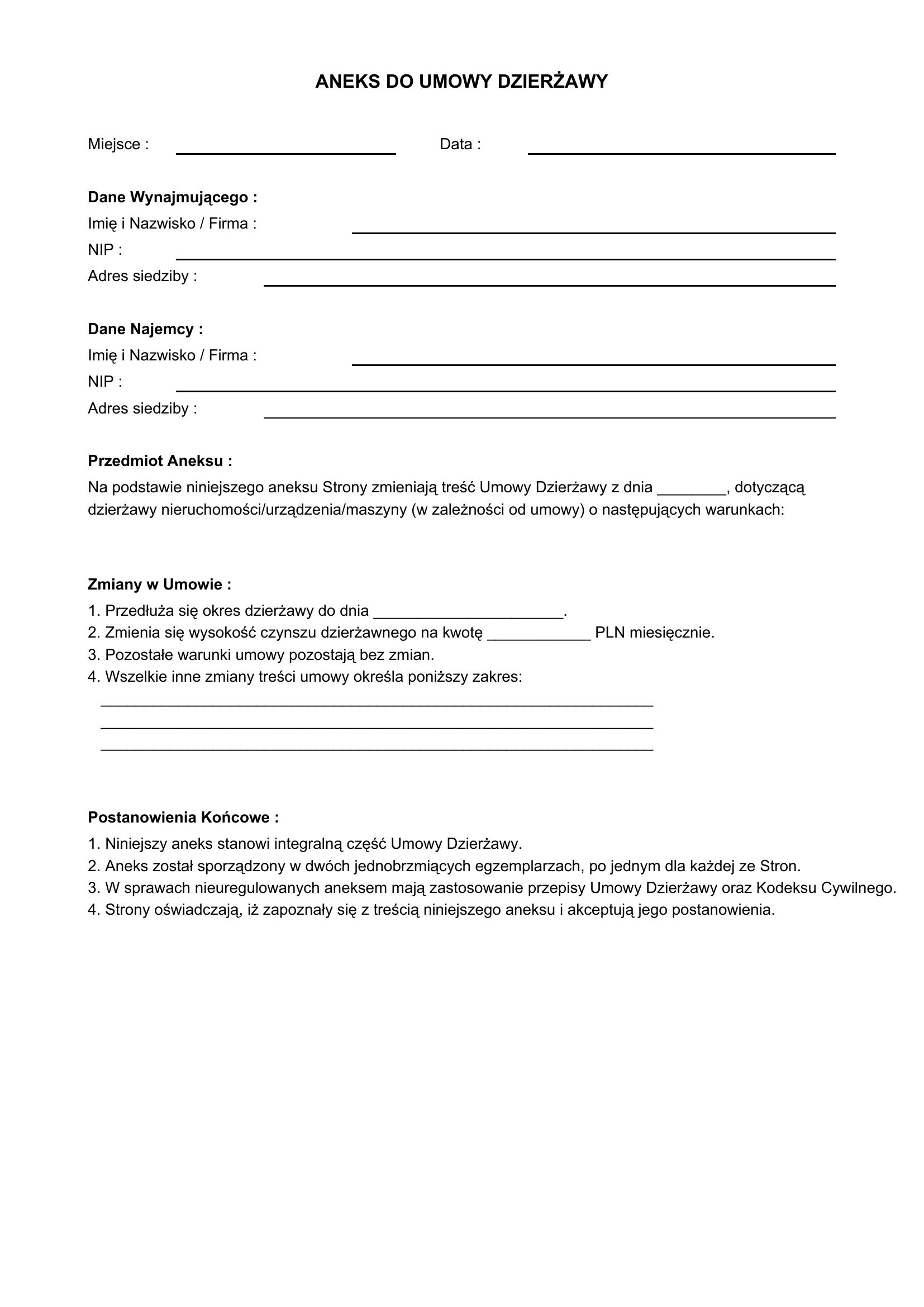 Aneks Do Umowy Dzierżawy Wzór