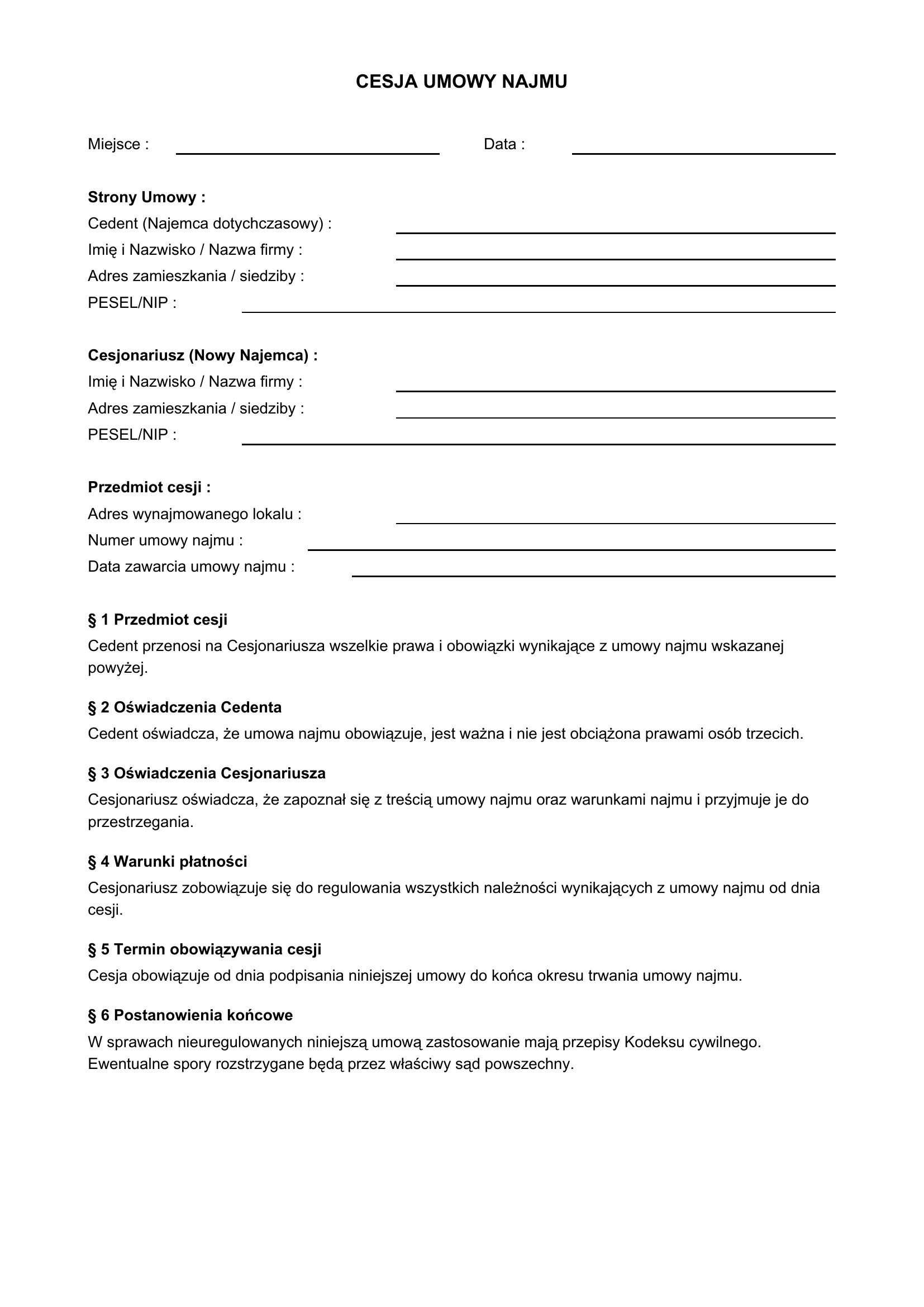 Cesja Umowy Najmu Wzór