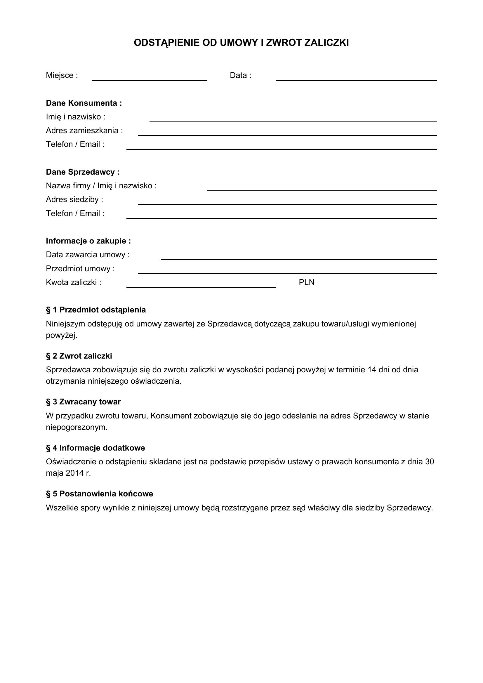 Odstąpienie Od Umowy I Zwrot Zaliczki Wzór