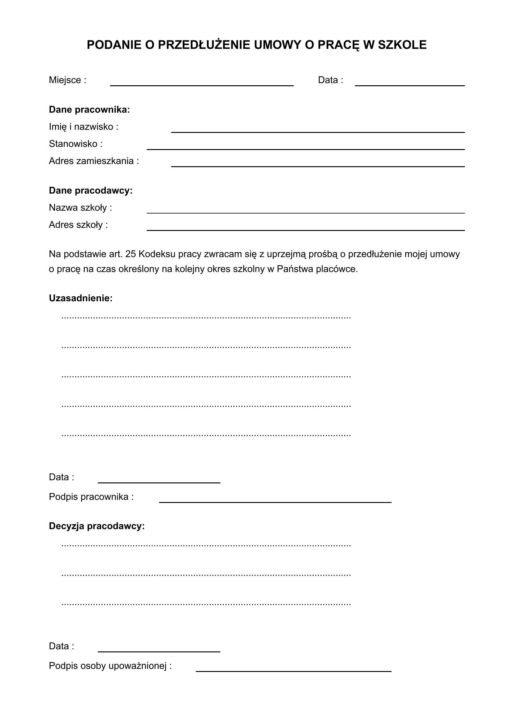 Podanie O Przedłużenie Umowy O Pracę W Szkole