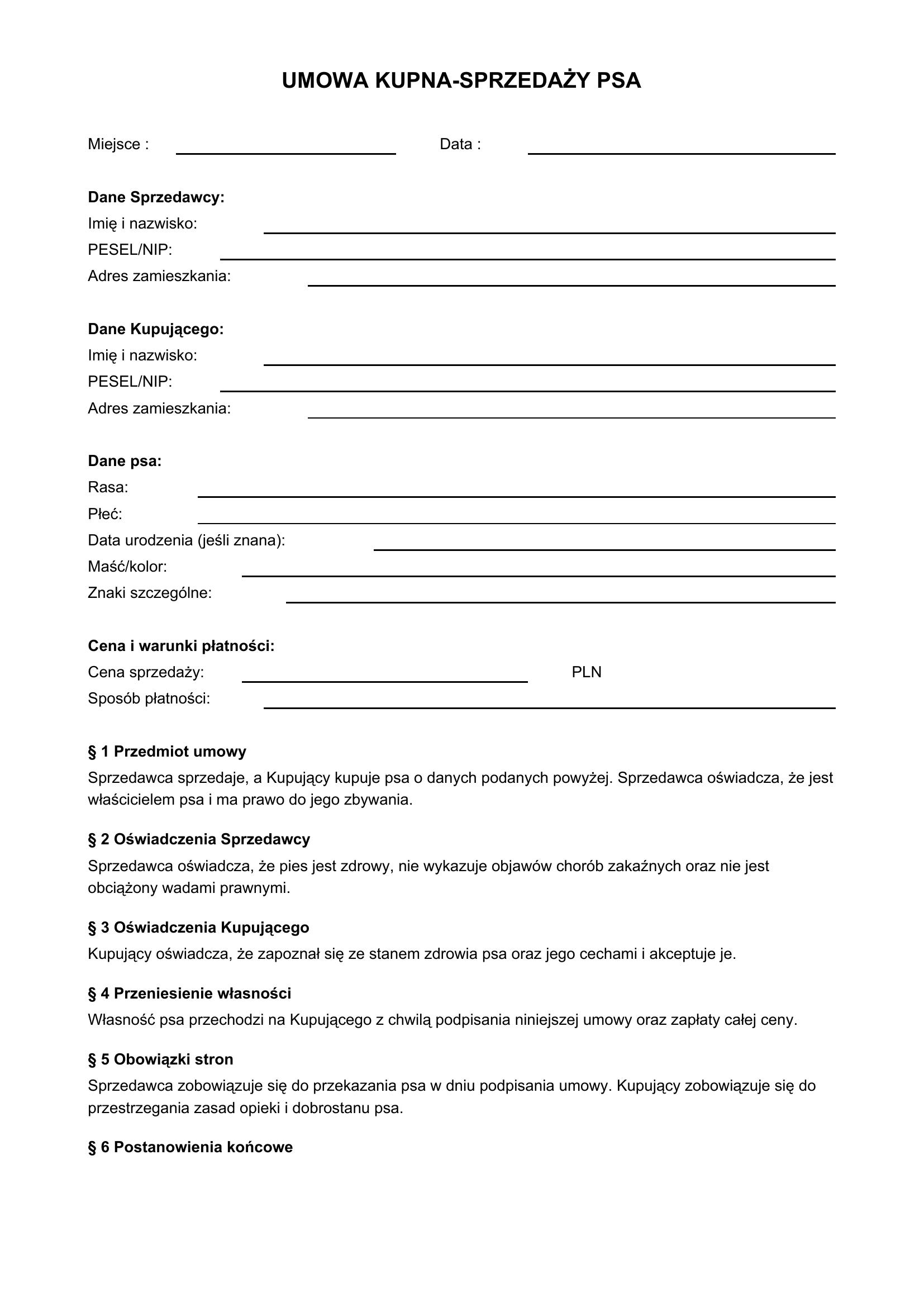 Prosta Umowa Kupna-Sprzedaży Psa