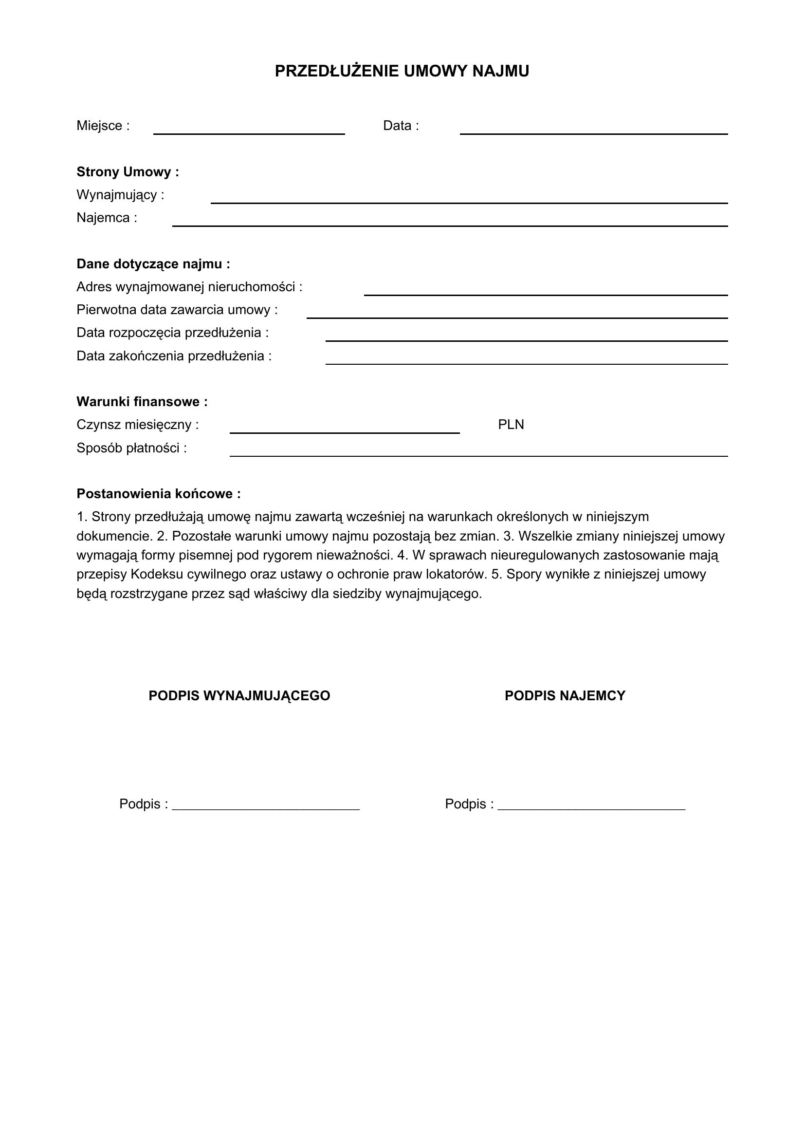 Przedłużenie Umowy Najmu Wzór