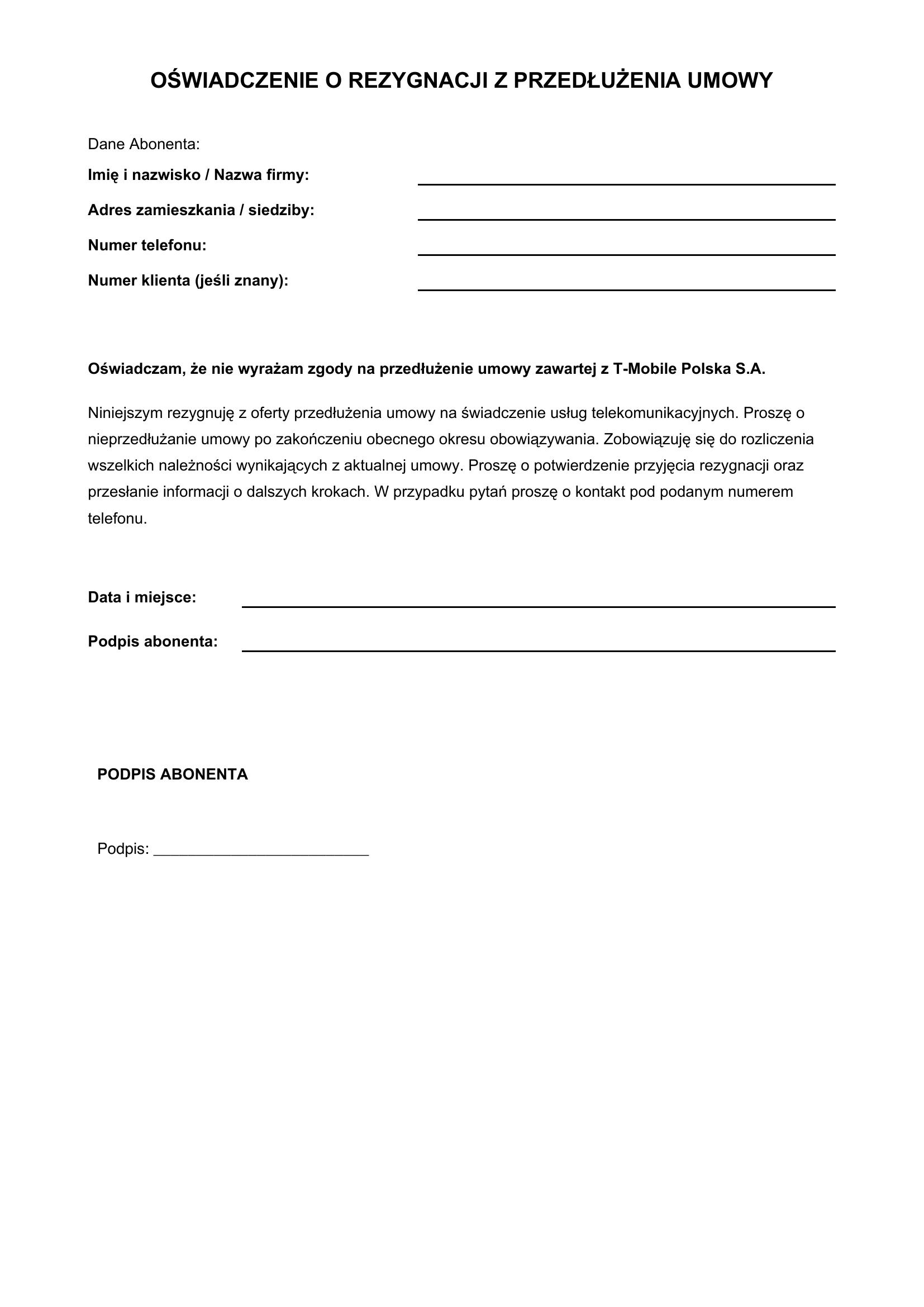 T-Mobile Rezygnacja Z Przedłużenia Umowy Wzór