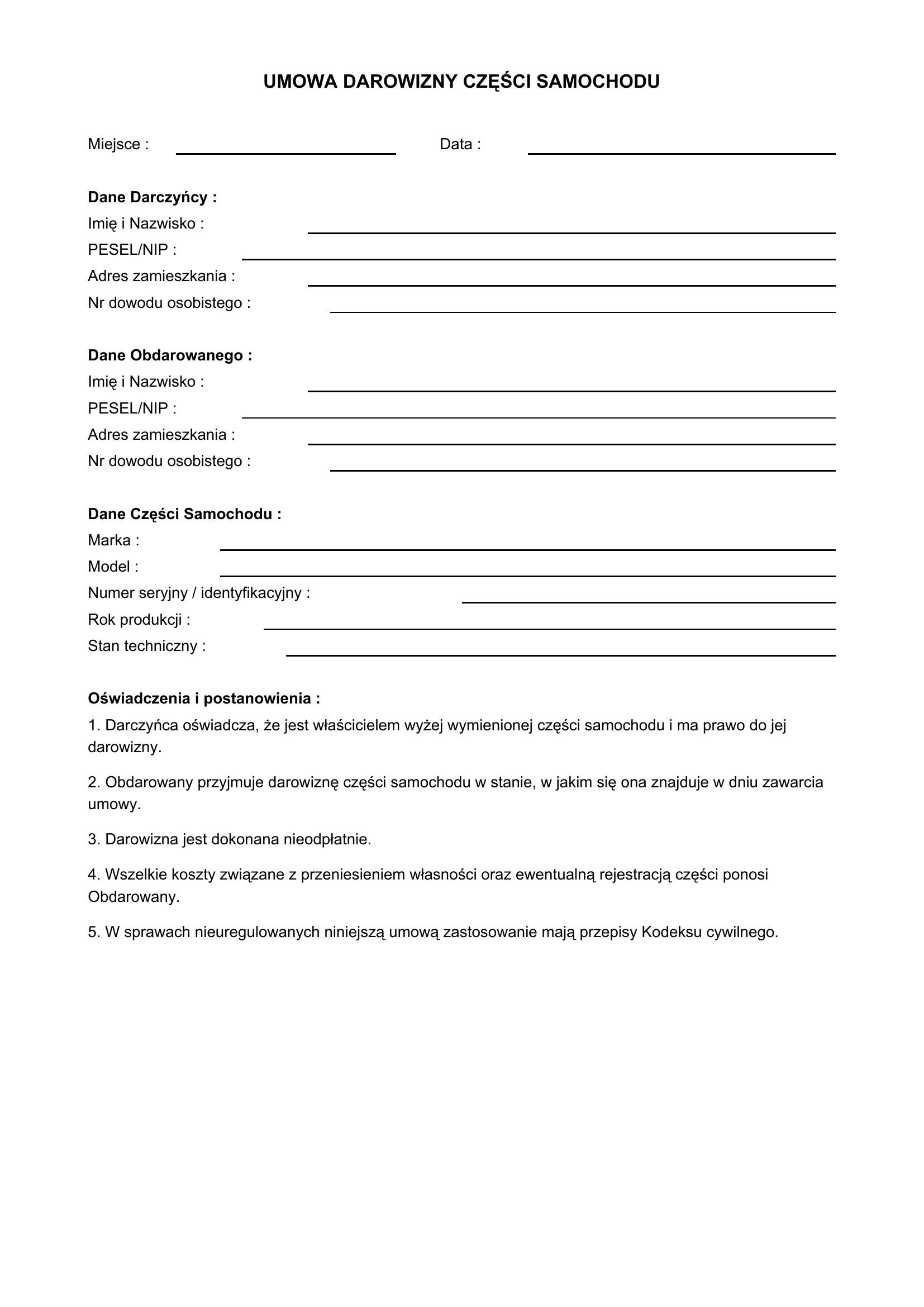 Umowa Darowizny Części Samochodu - Wzór Wypełnienia
