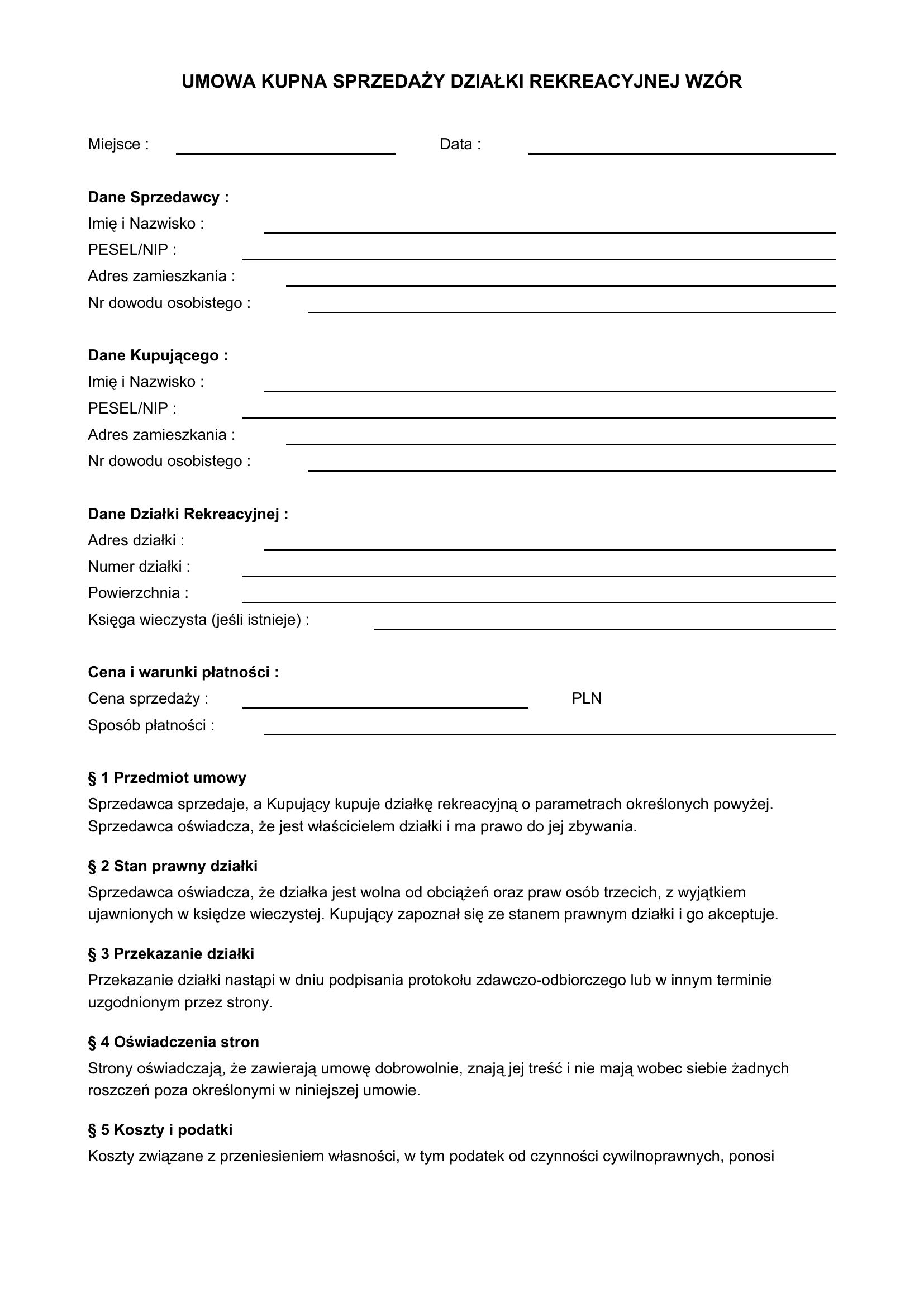 Umowa Kupna Sprzedaży Działki Rekreacyjnej Wzór