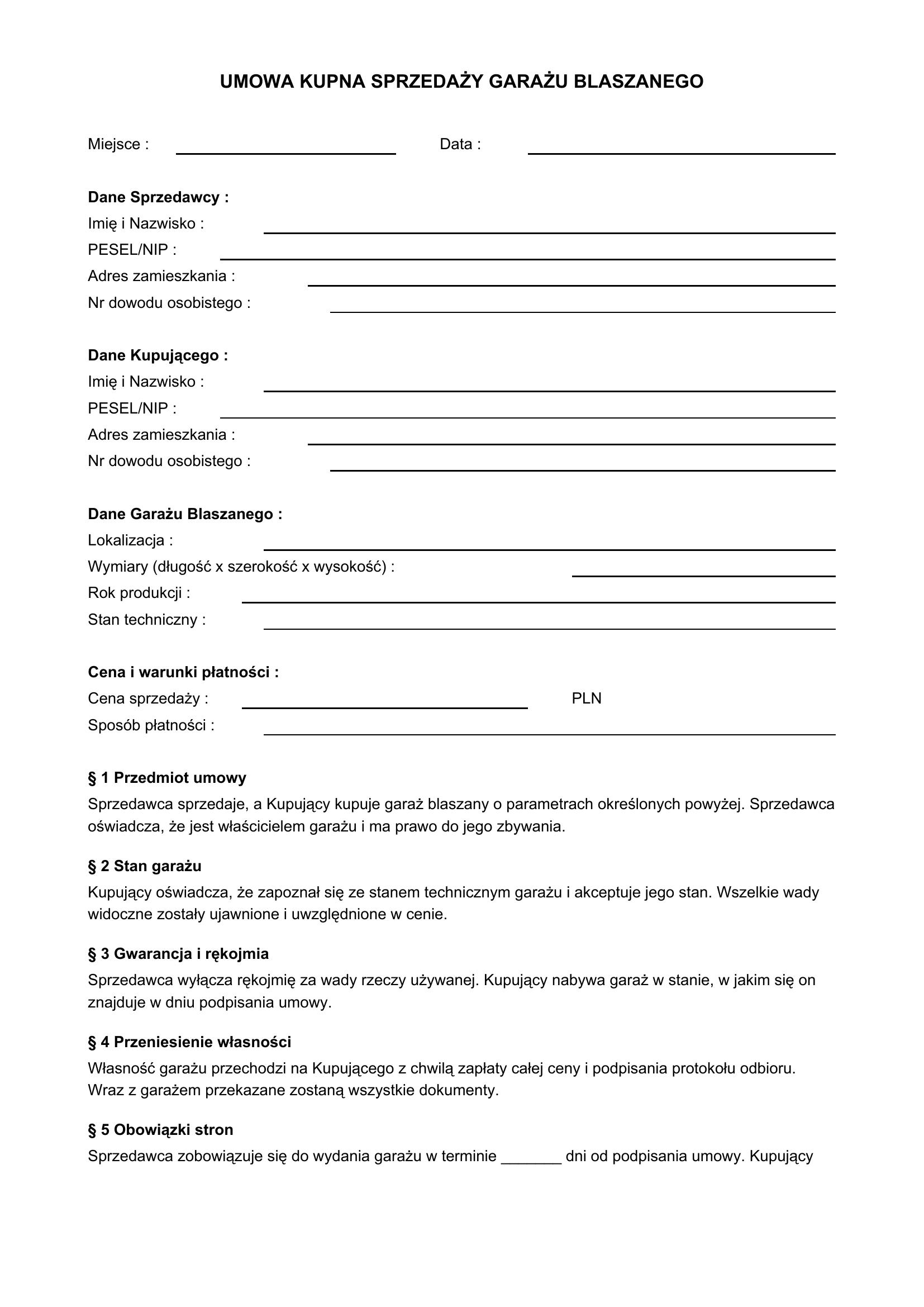 Umowa Kupna Sprzedaży Garażu Blaszanego