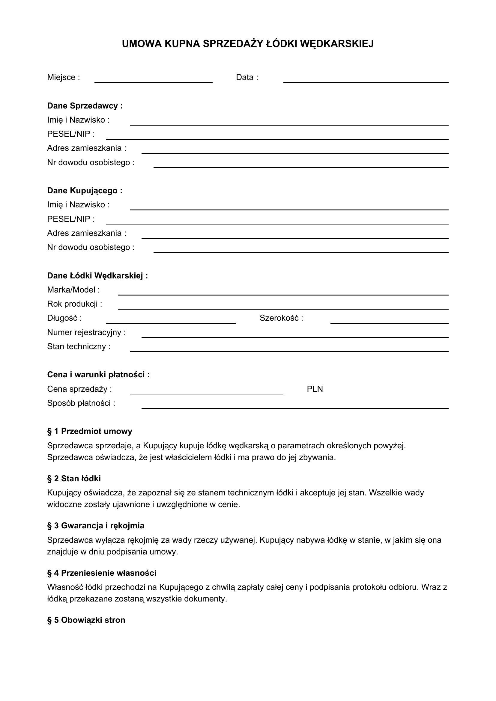 Umowa Kupna Sprzedaży Łódki Wędkarskiej