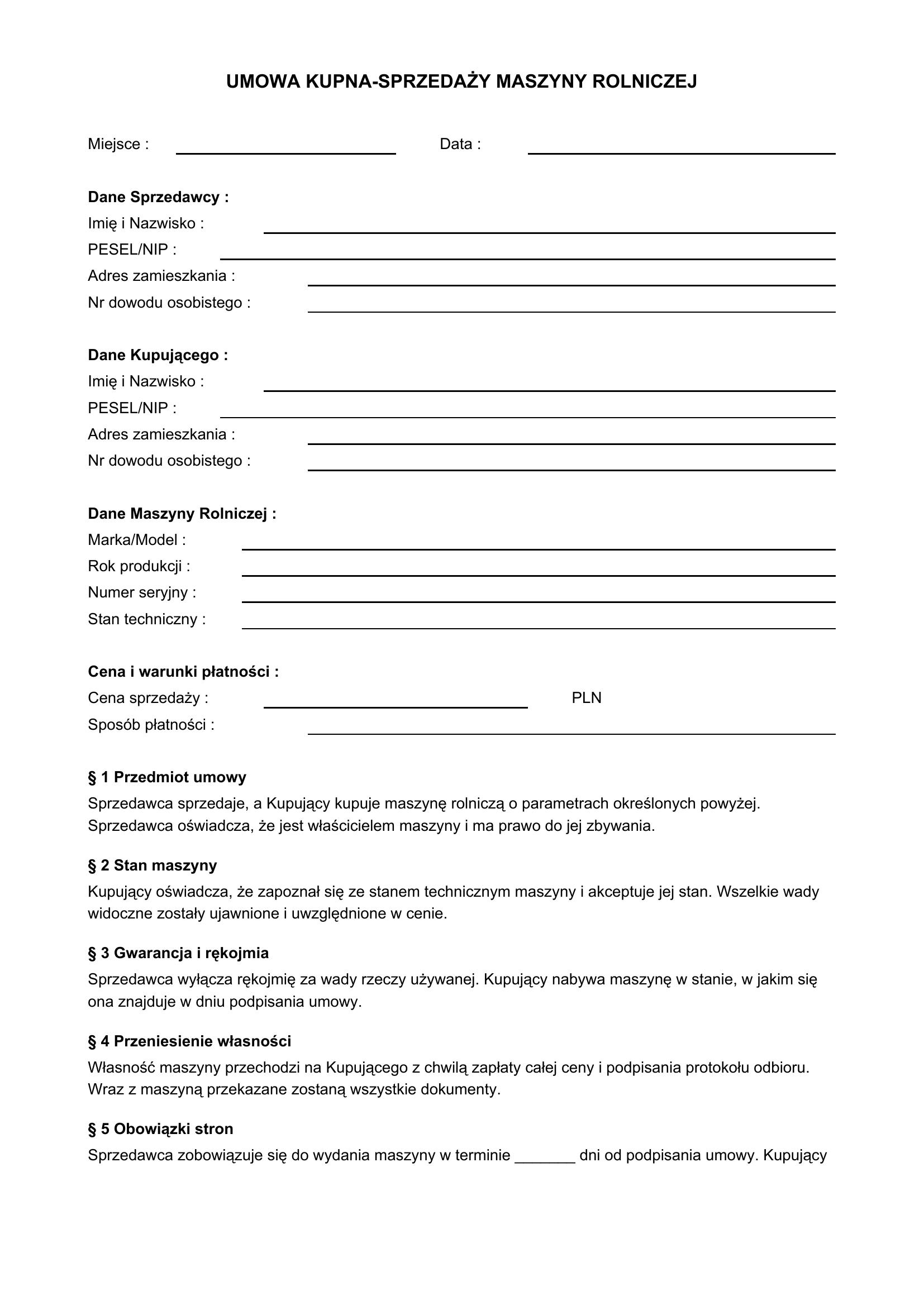 Umowa Kupna-Sprzedaży Maszyny Rolniczej