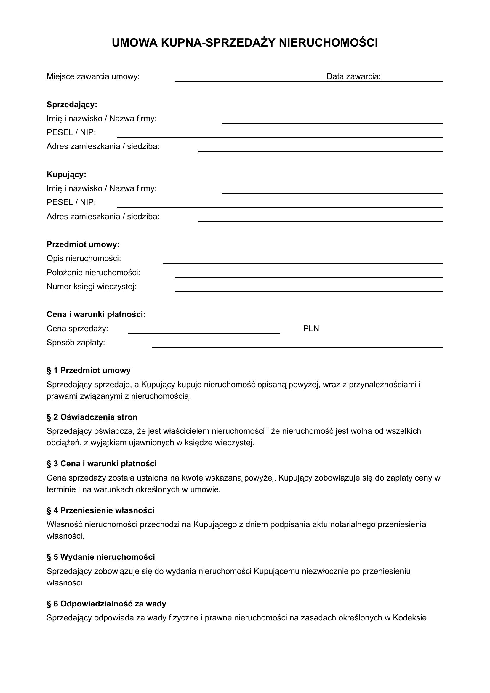 Umowa Kupna-Sprzedaży Nieruchomości Wzór