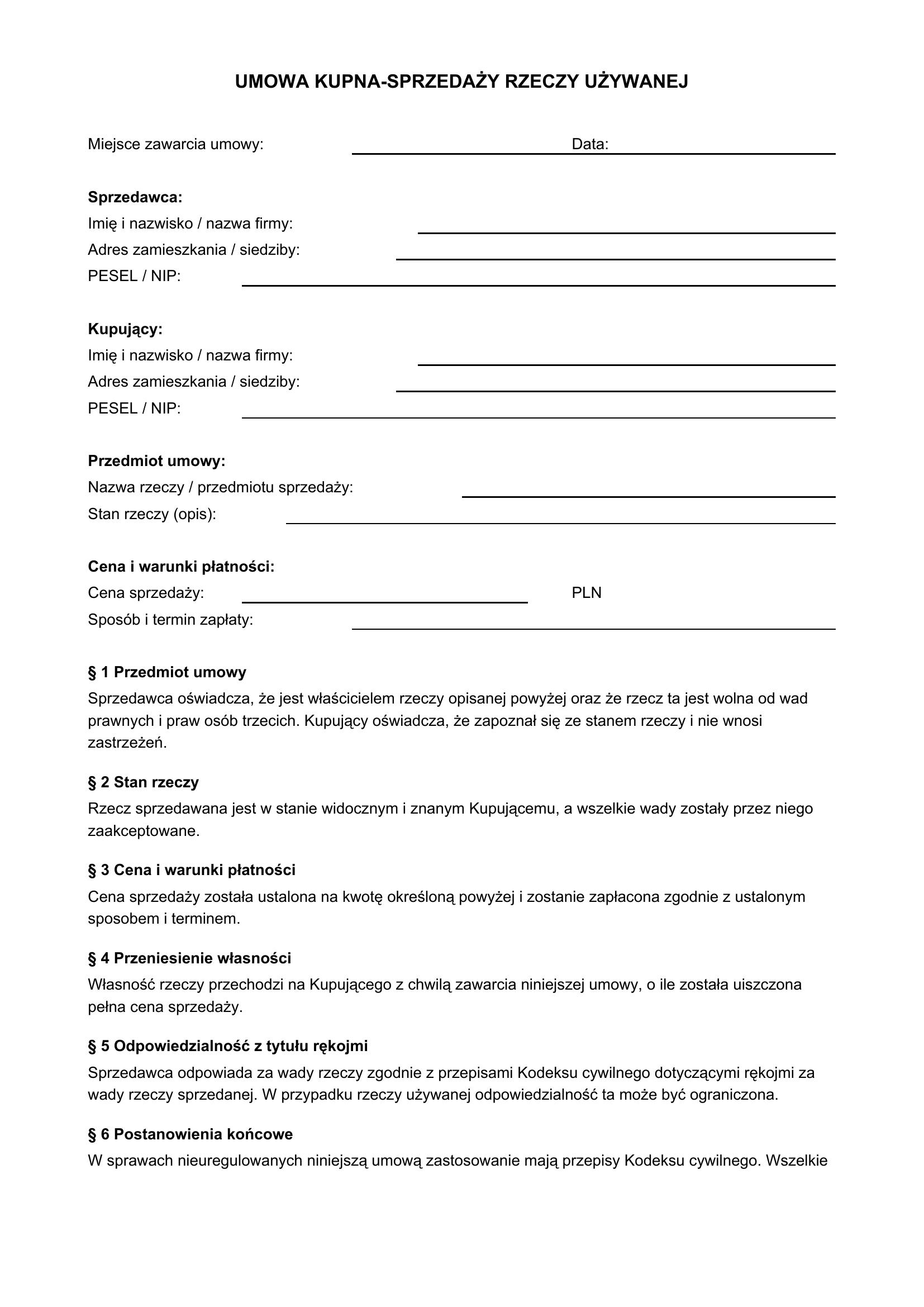 Umową Kupna-Sprzedaży Rzeczy Używanej Wzór