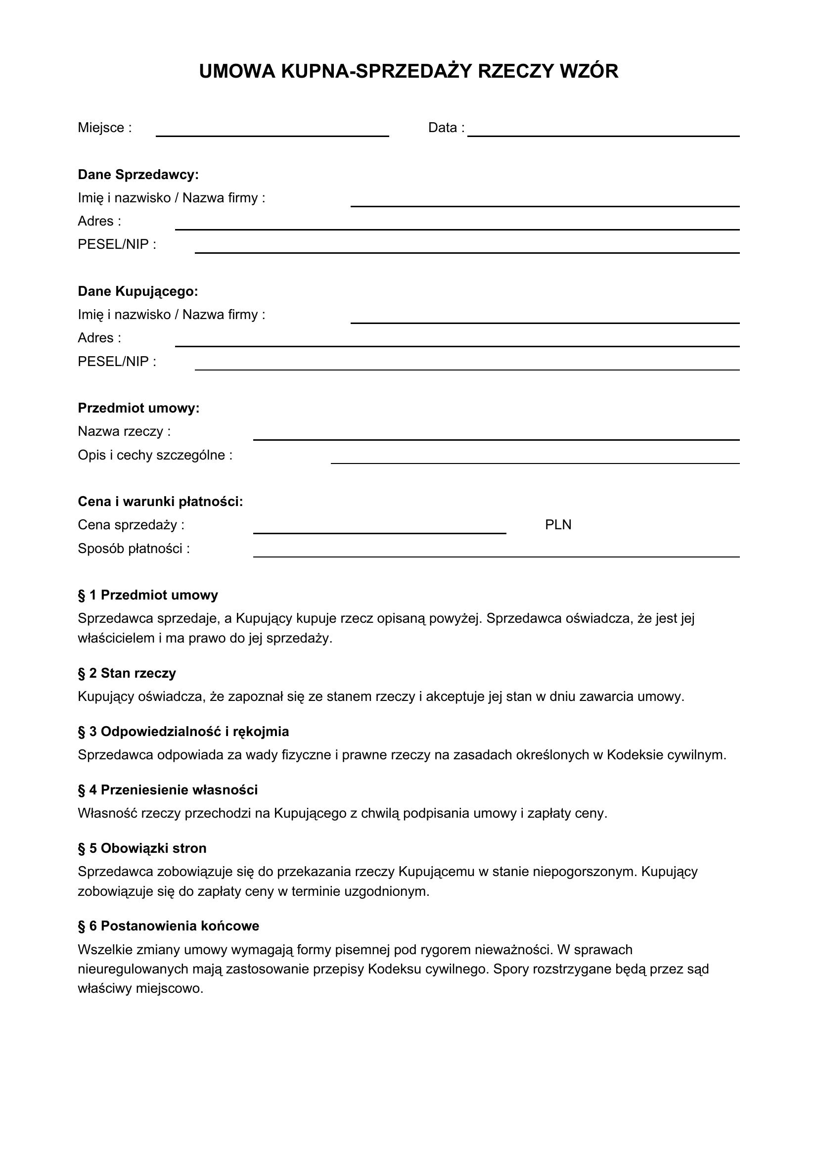 Umową Kupna-Sprzedaży Rzeczy Wzór