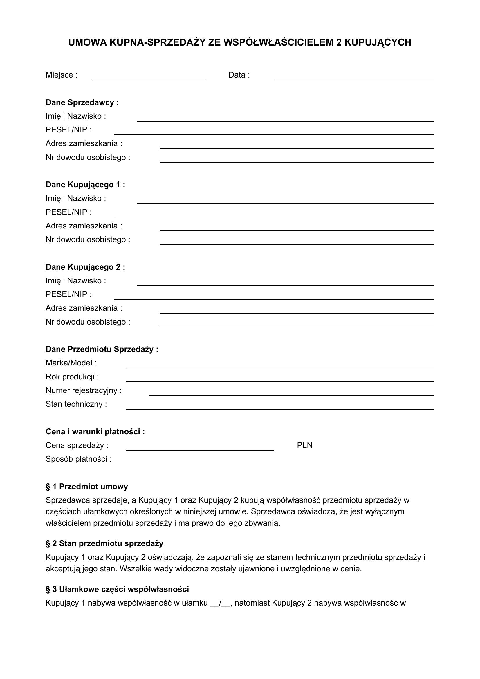 Umowa Kupna-Sprzedaży Ze Współwłaścicielem 2 Kupujących