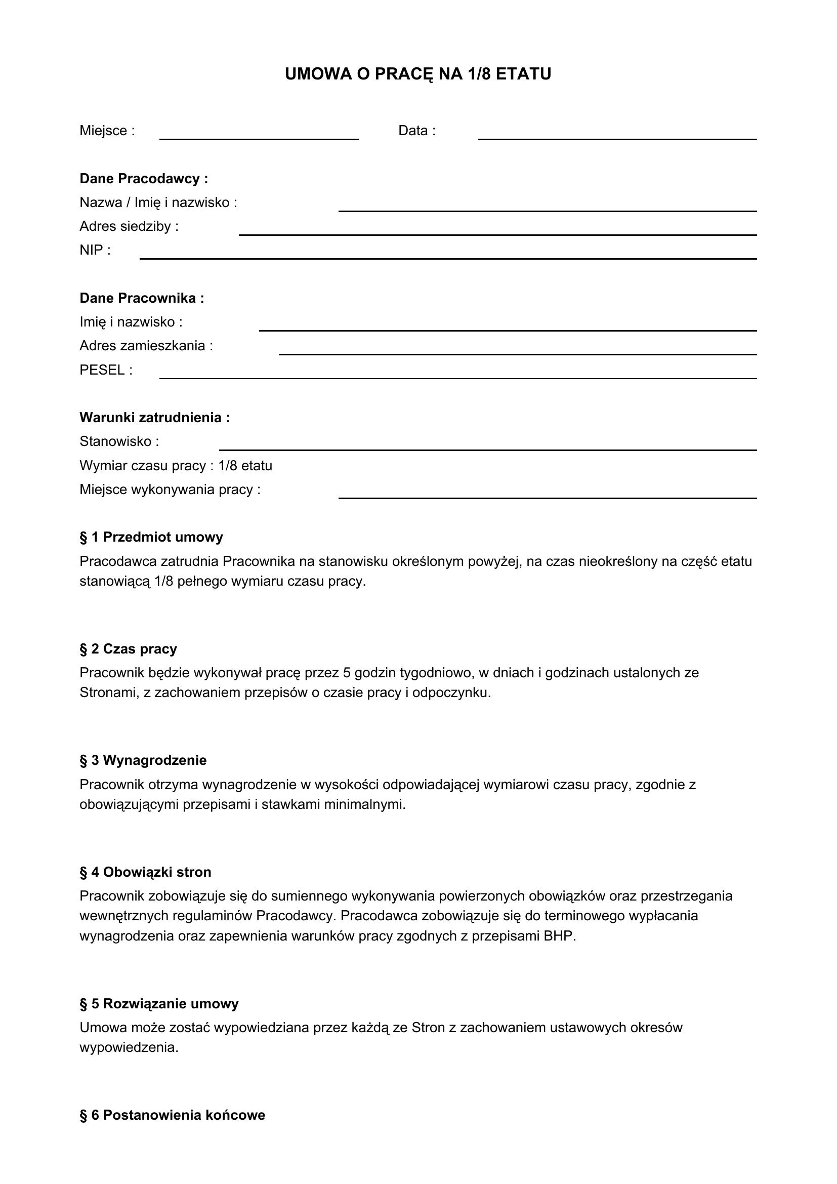 Umowa Na 1/8 Etatu Wzór
