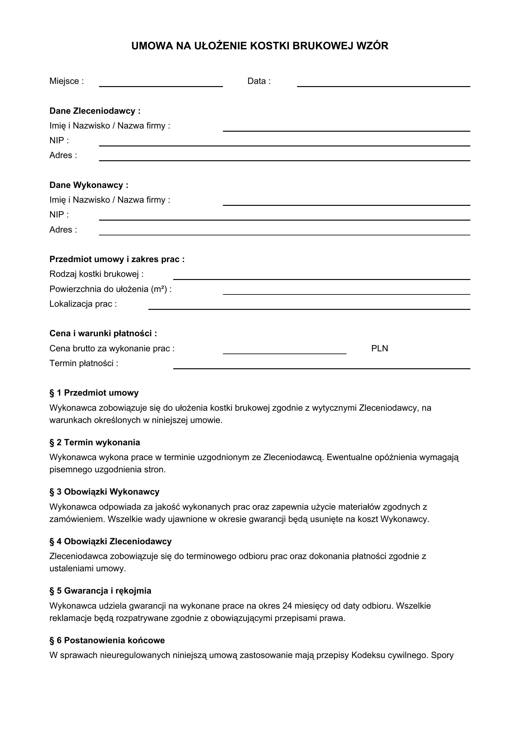 Umowa Na Ułożenie Kostki Brukowej Wzór