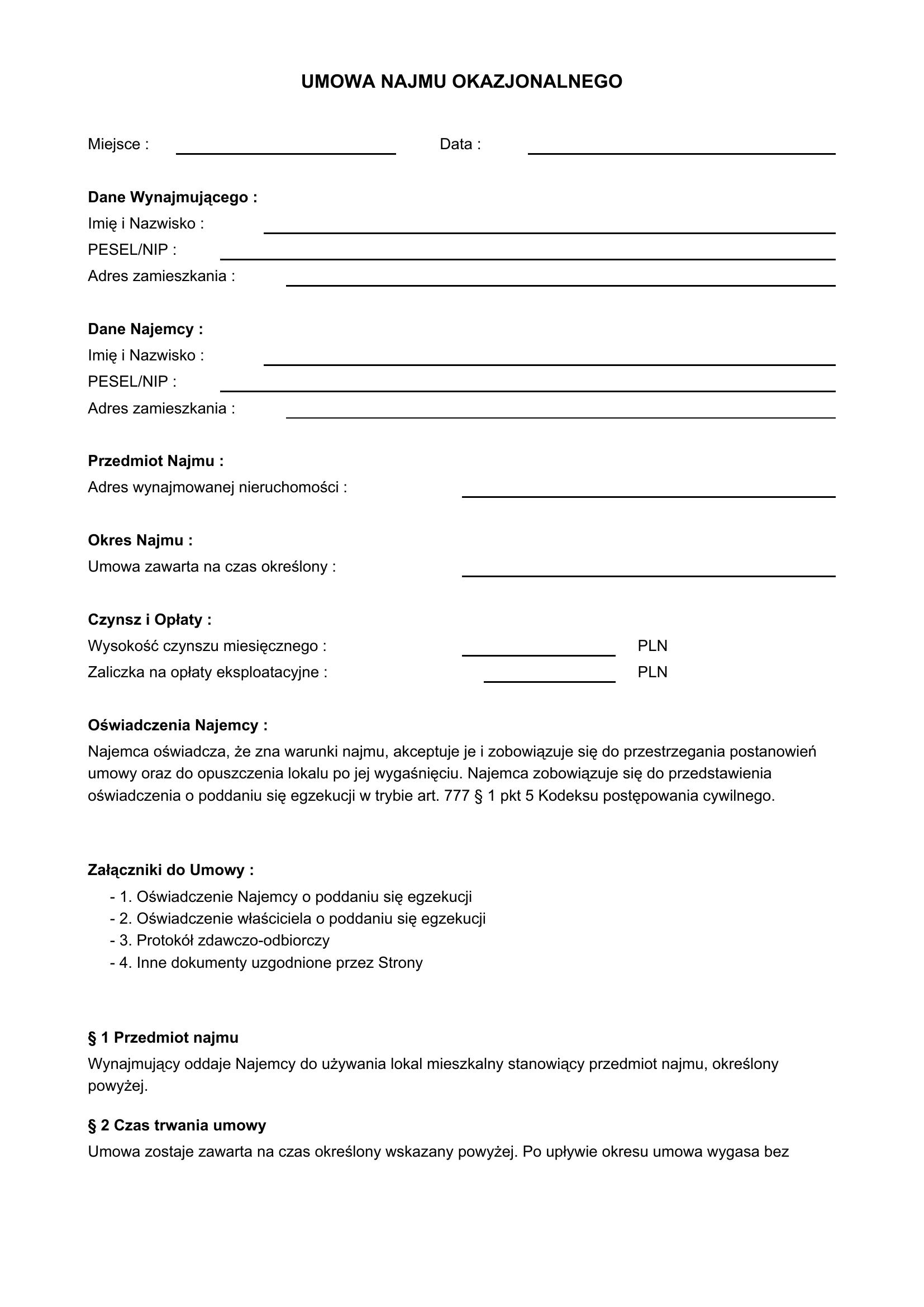 Umowa Najmu Okazjonalnego - Wzór Z Załącznikami