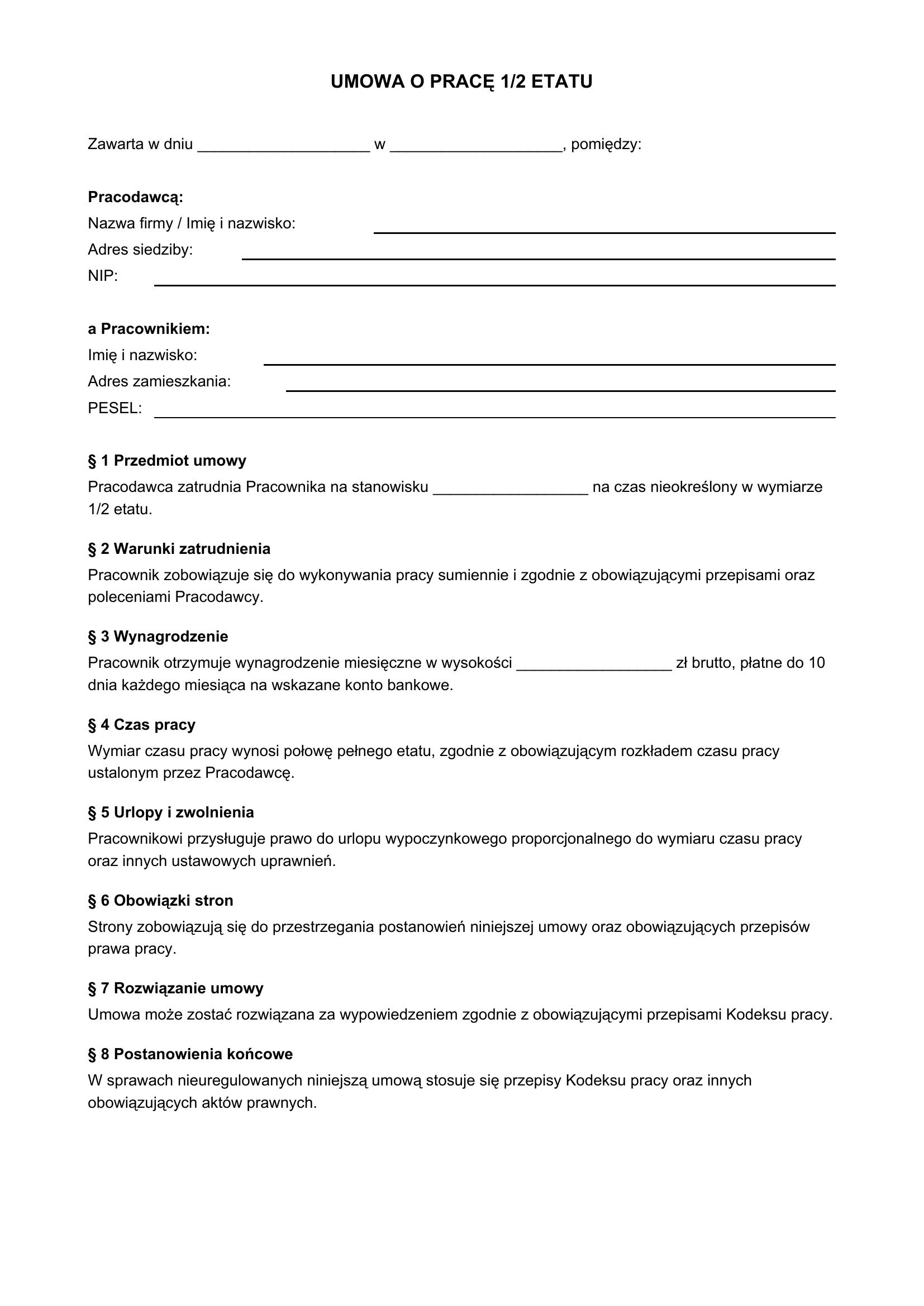 Umowa O Pracę 1/2 Etatu Wzór Wypełniony