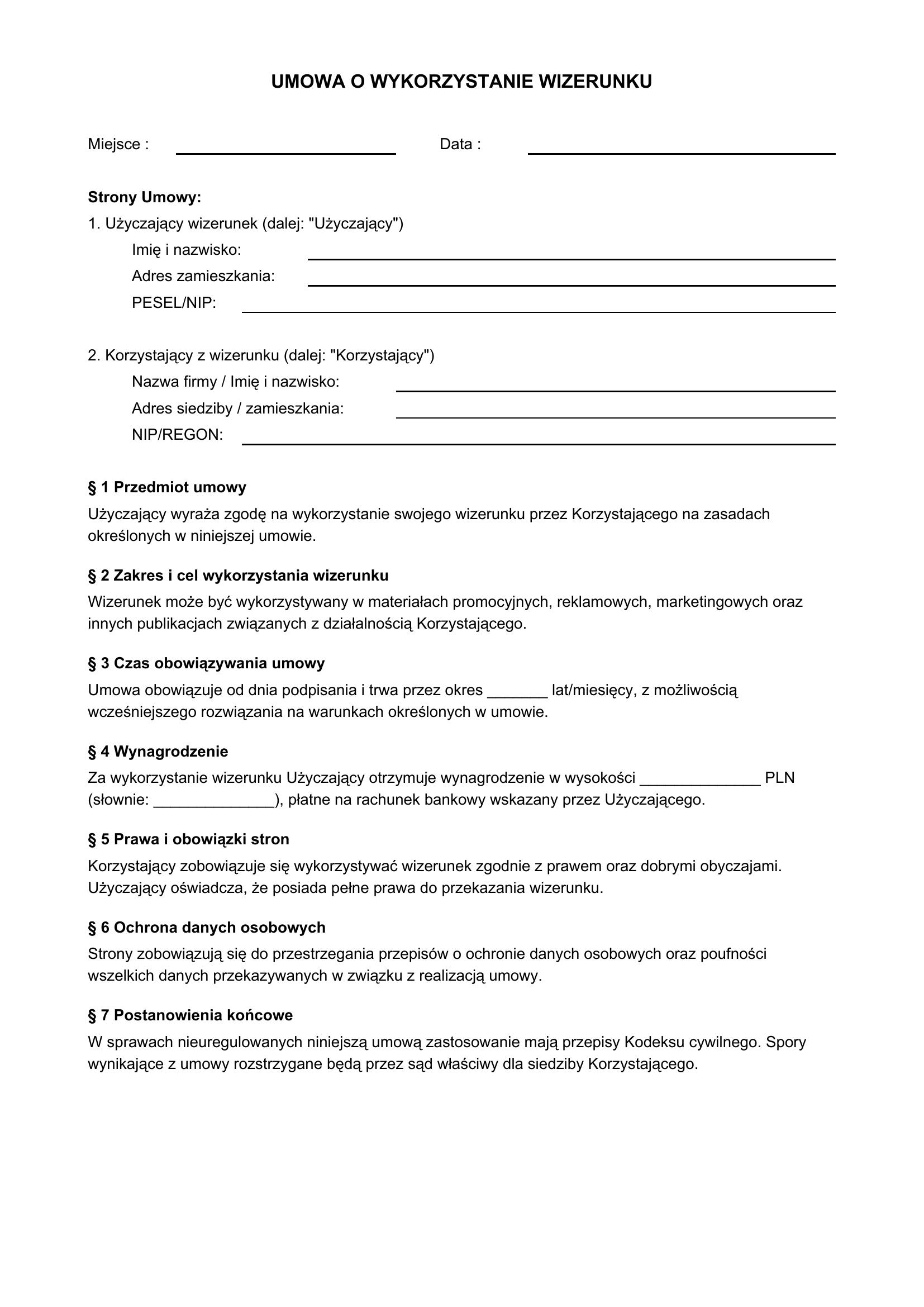 Umowa O Wykorzystanie Wizerunku - Wzór