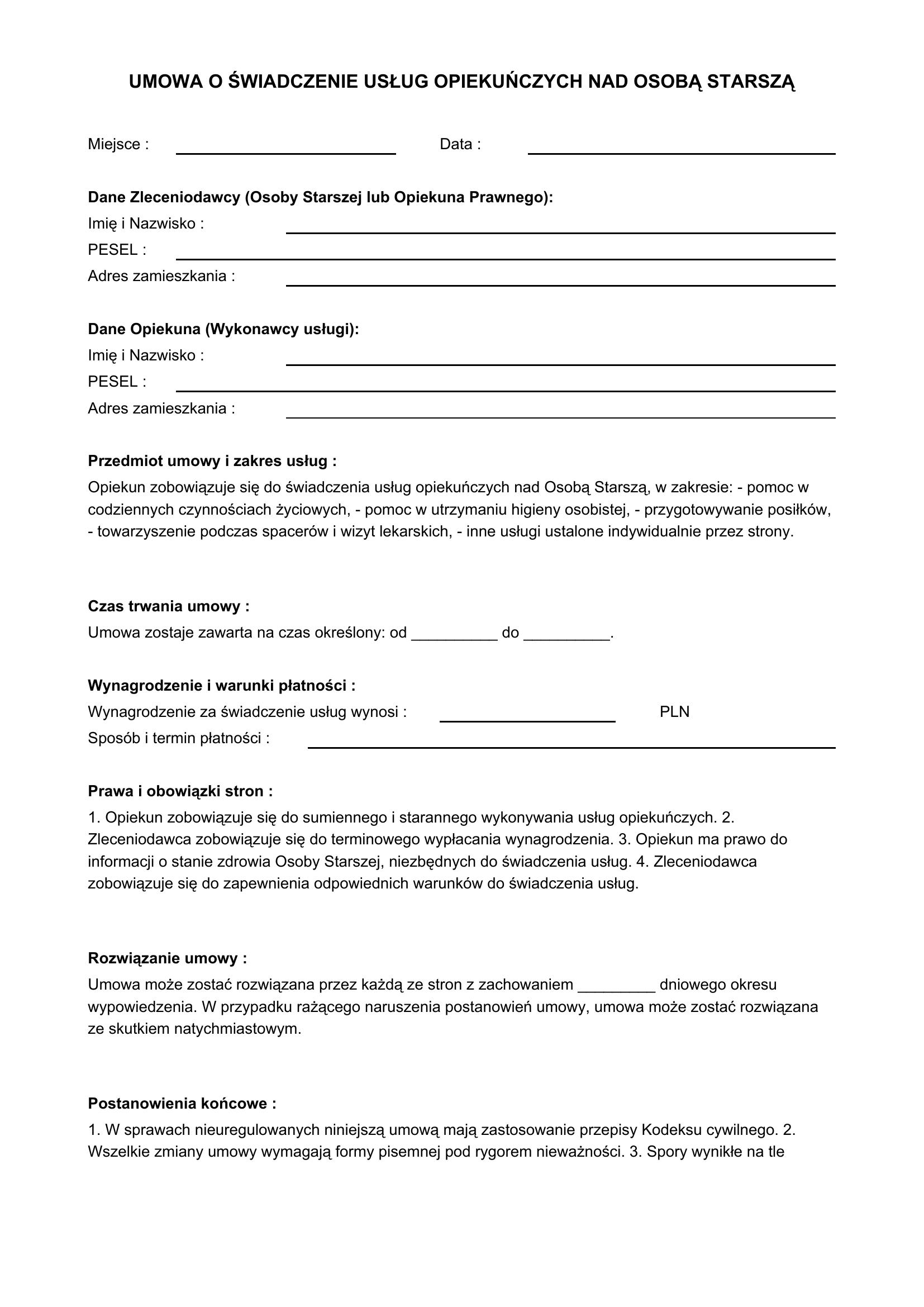 Umowa Opieki Nad Osobą Starszą Wzór