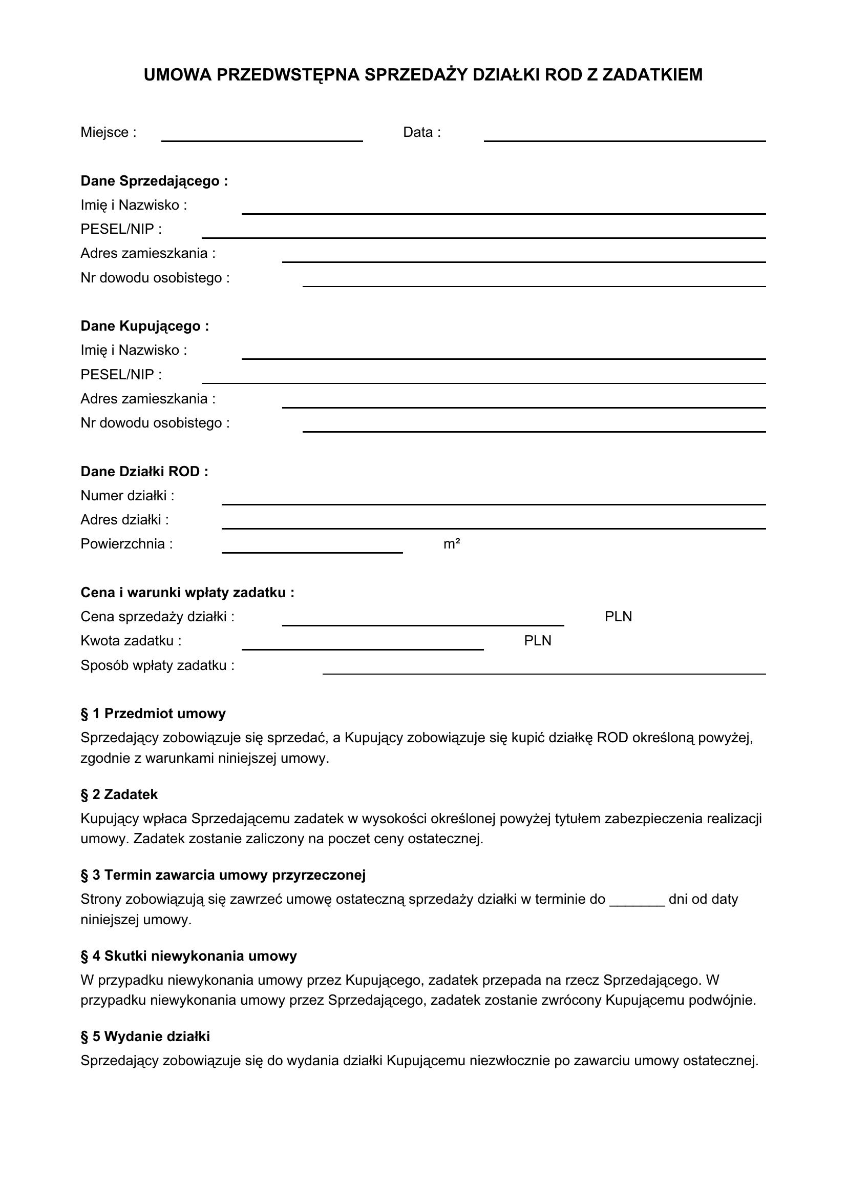 Umowa Przedwstępna Sprzedaży Działki Rod Z Zadatkiem
