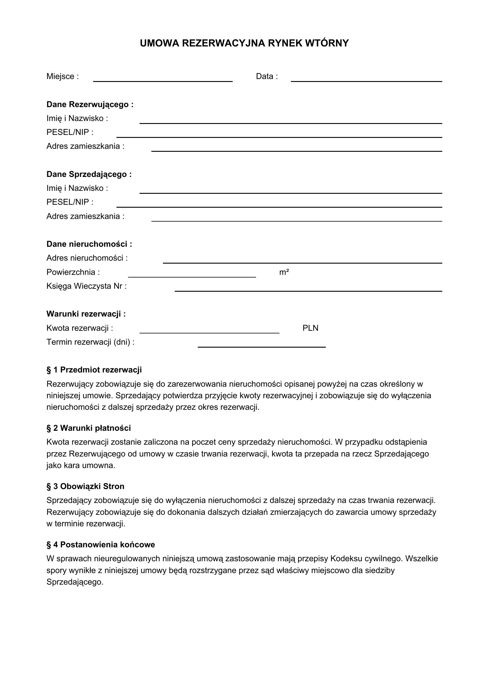 Umowa Rezerwacyjna Rynek Wtórny Wzór