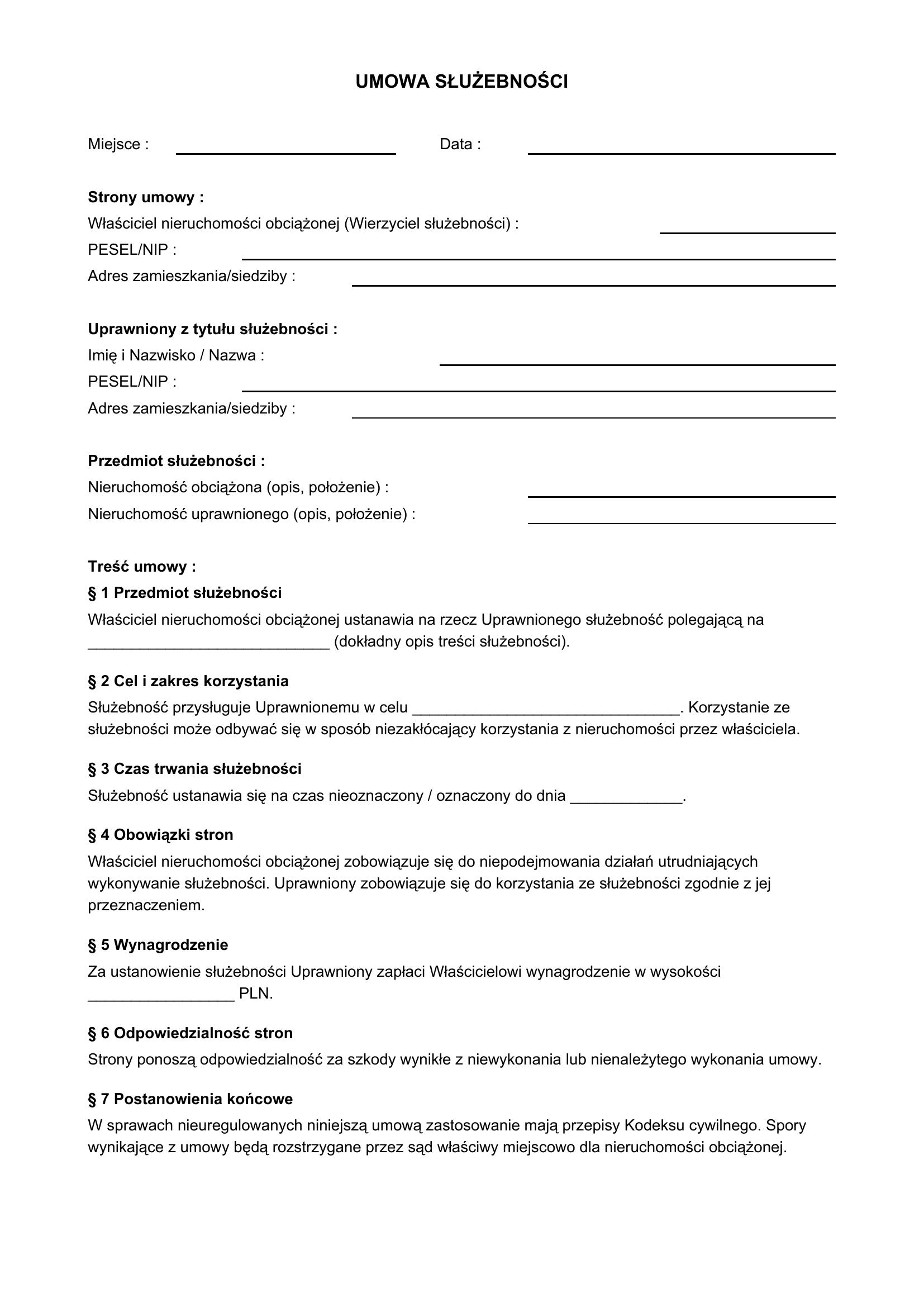 Umowa Służebności Wzór