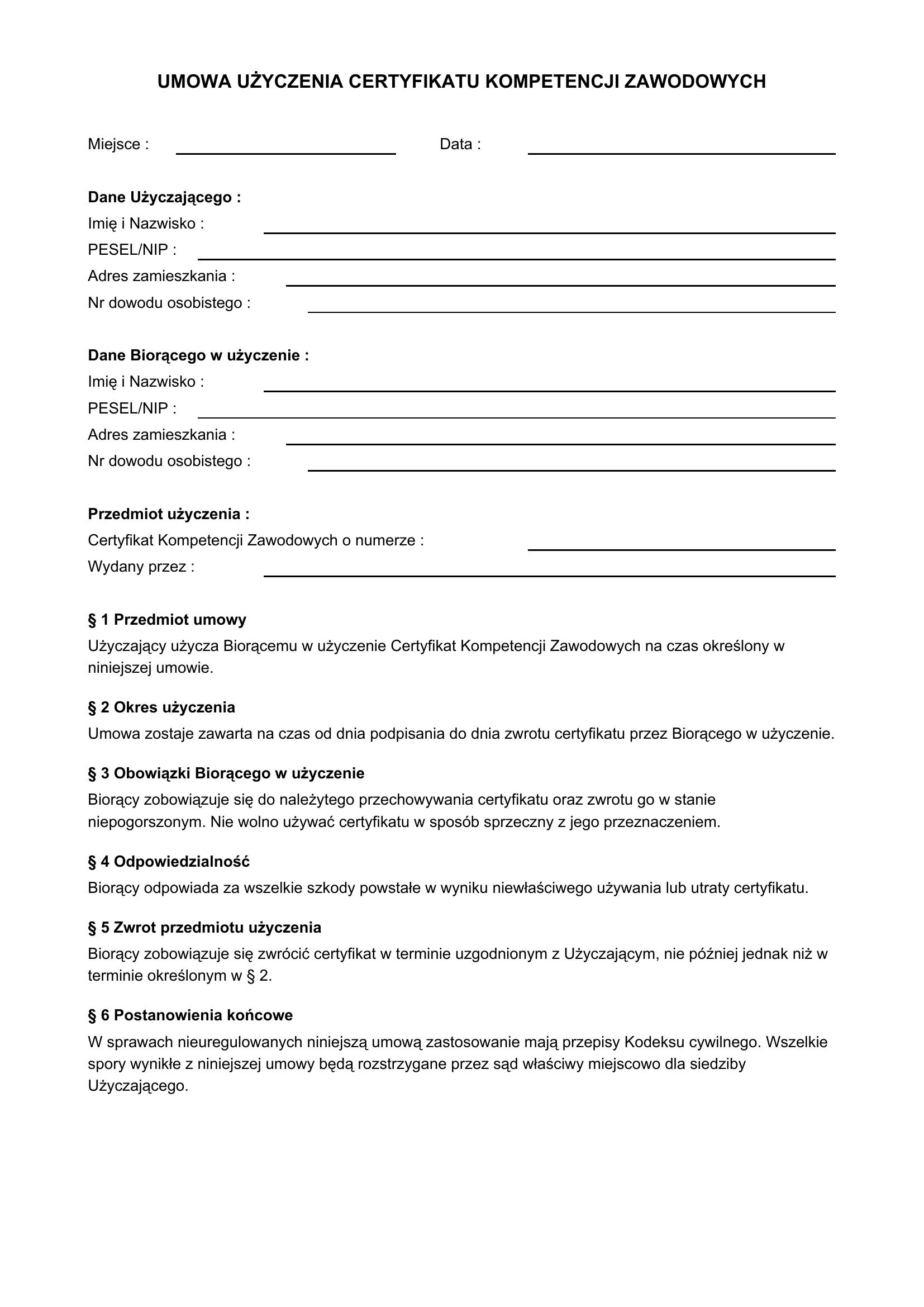 Umowa Użyczenia Certyfikatu Kompetencji Zawodowych Wzór-