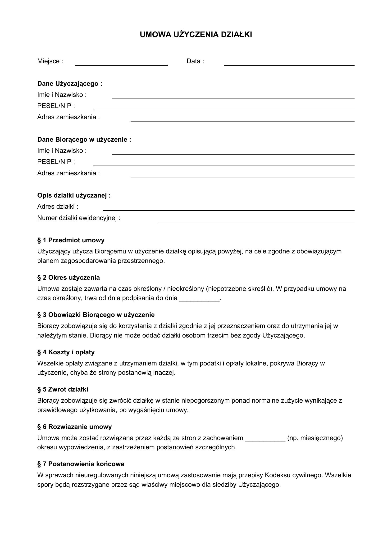 Umowa Użyczenia Działki Wzór