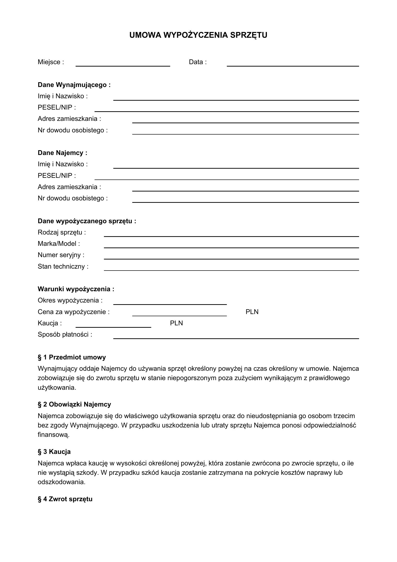 Umową Wypożyczenia Sprzętu Wzór