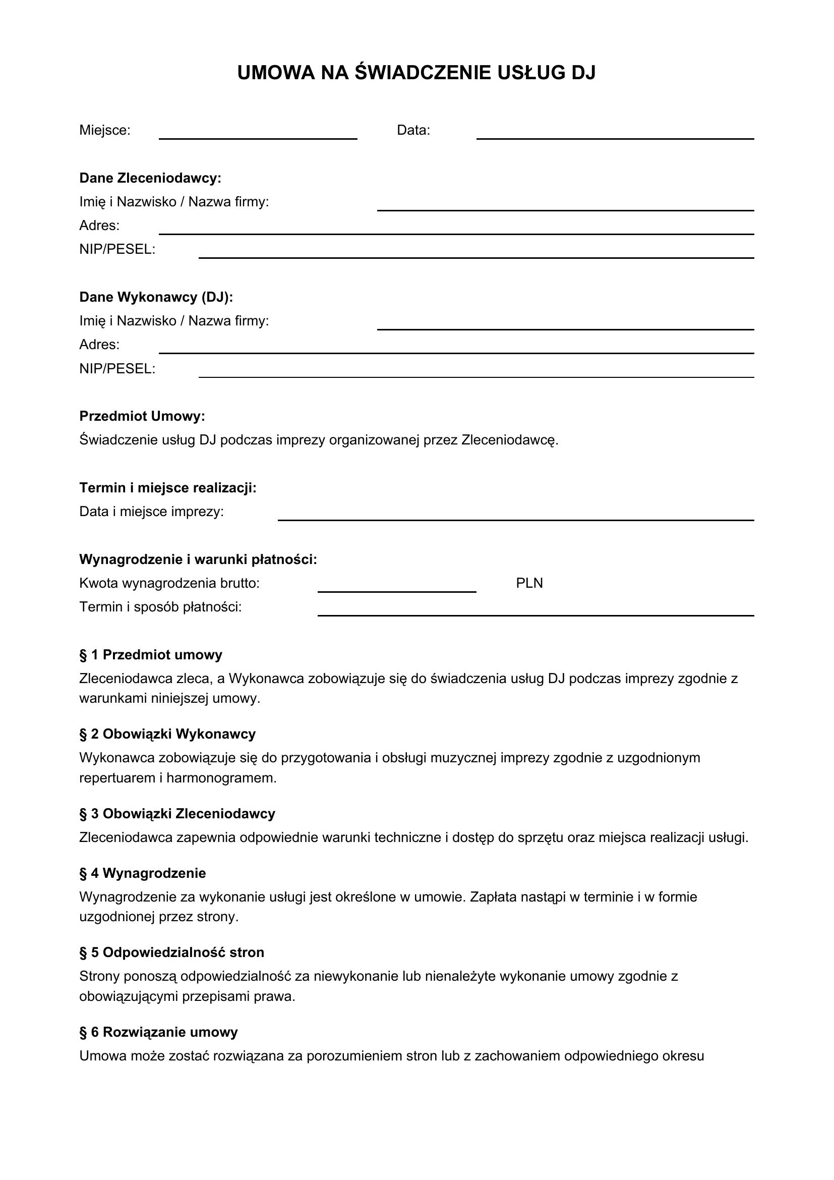 Umowa Z Dj Wzór