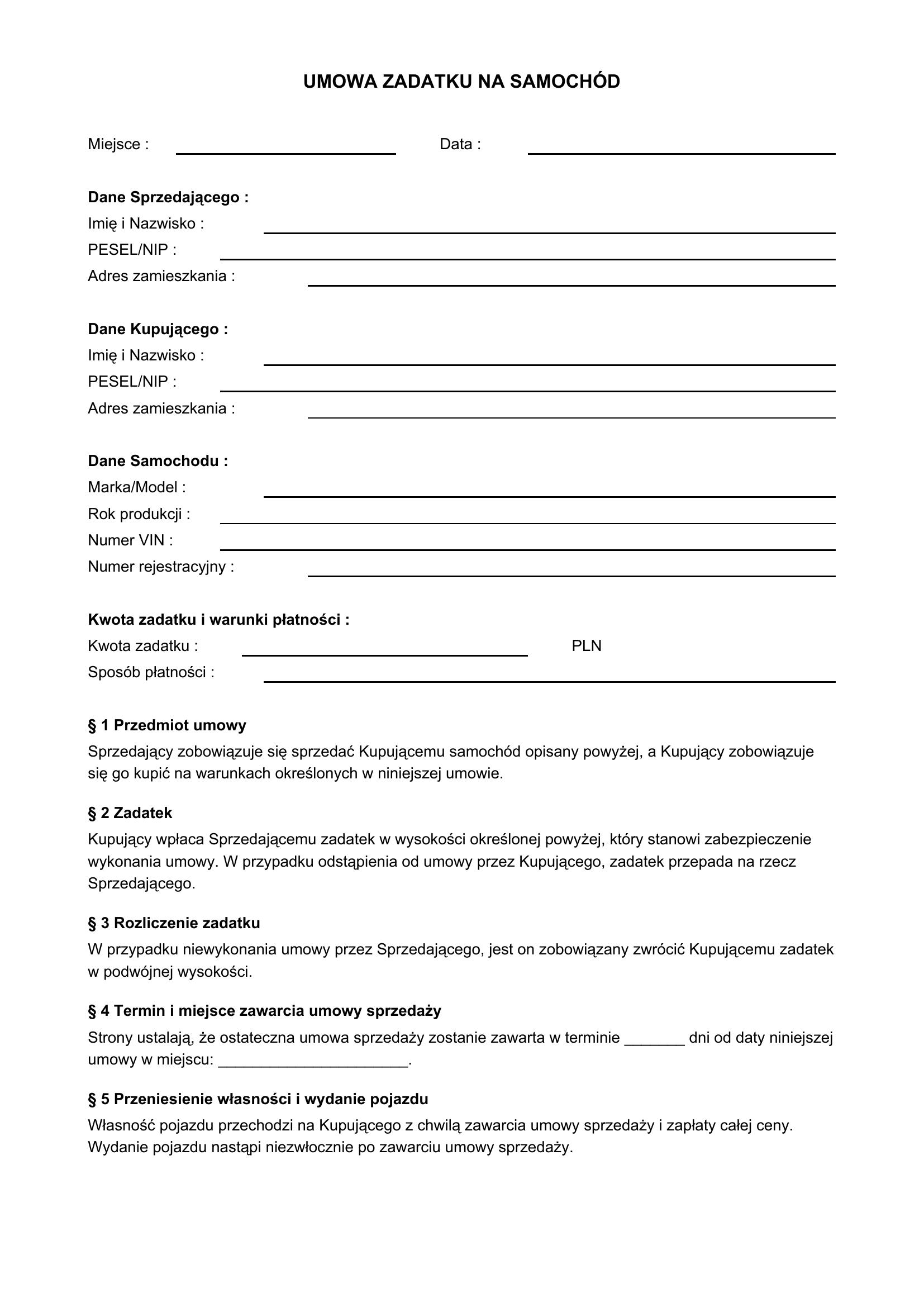 Umowa Zadatku Na Samochód Wzór