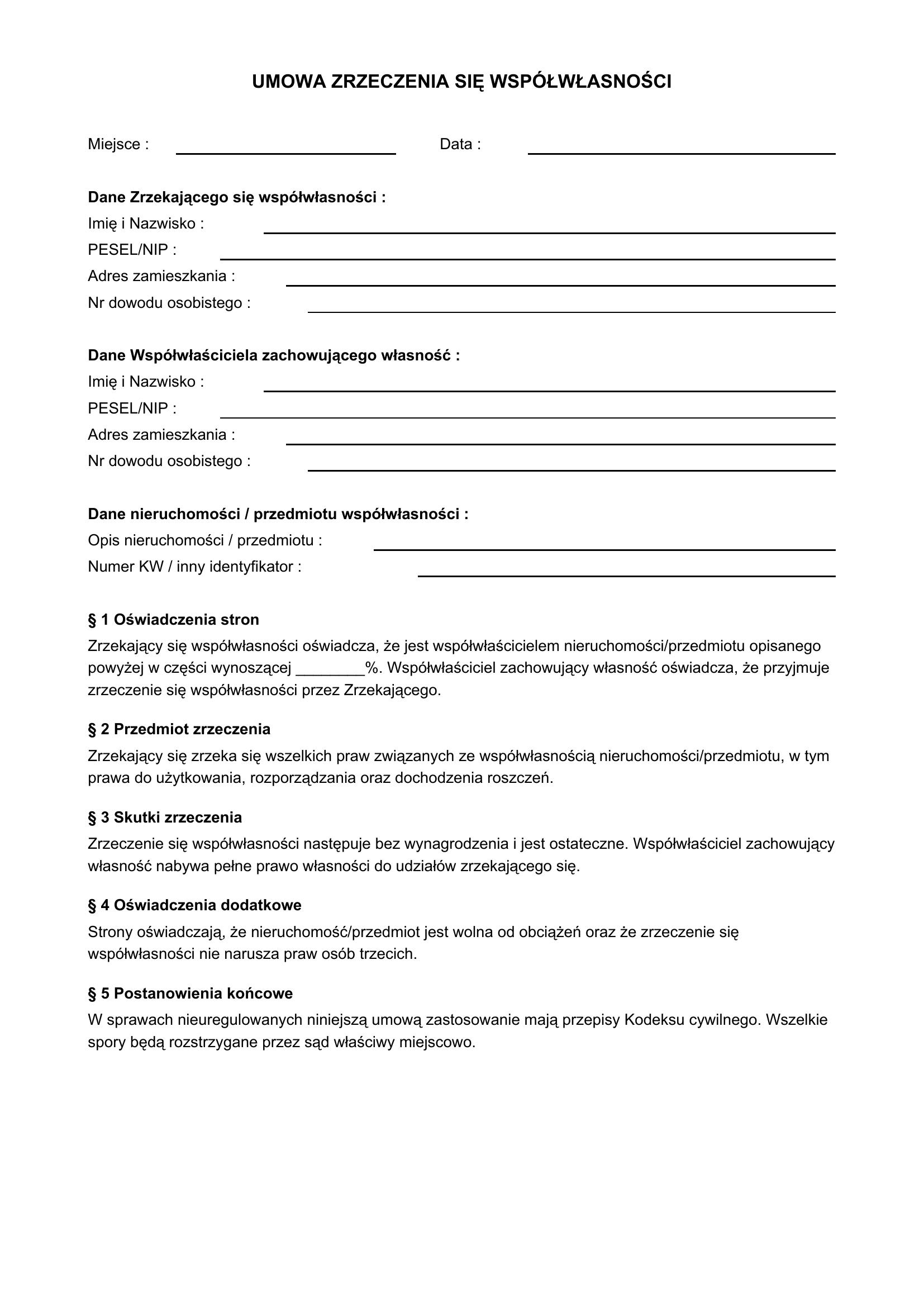 Umowa Zrzeczenia Się Współwłasności Wzór
