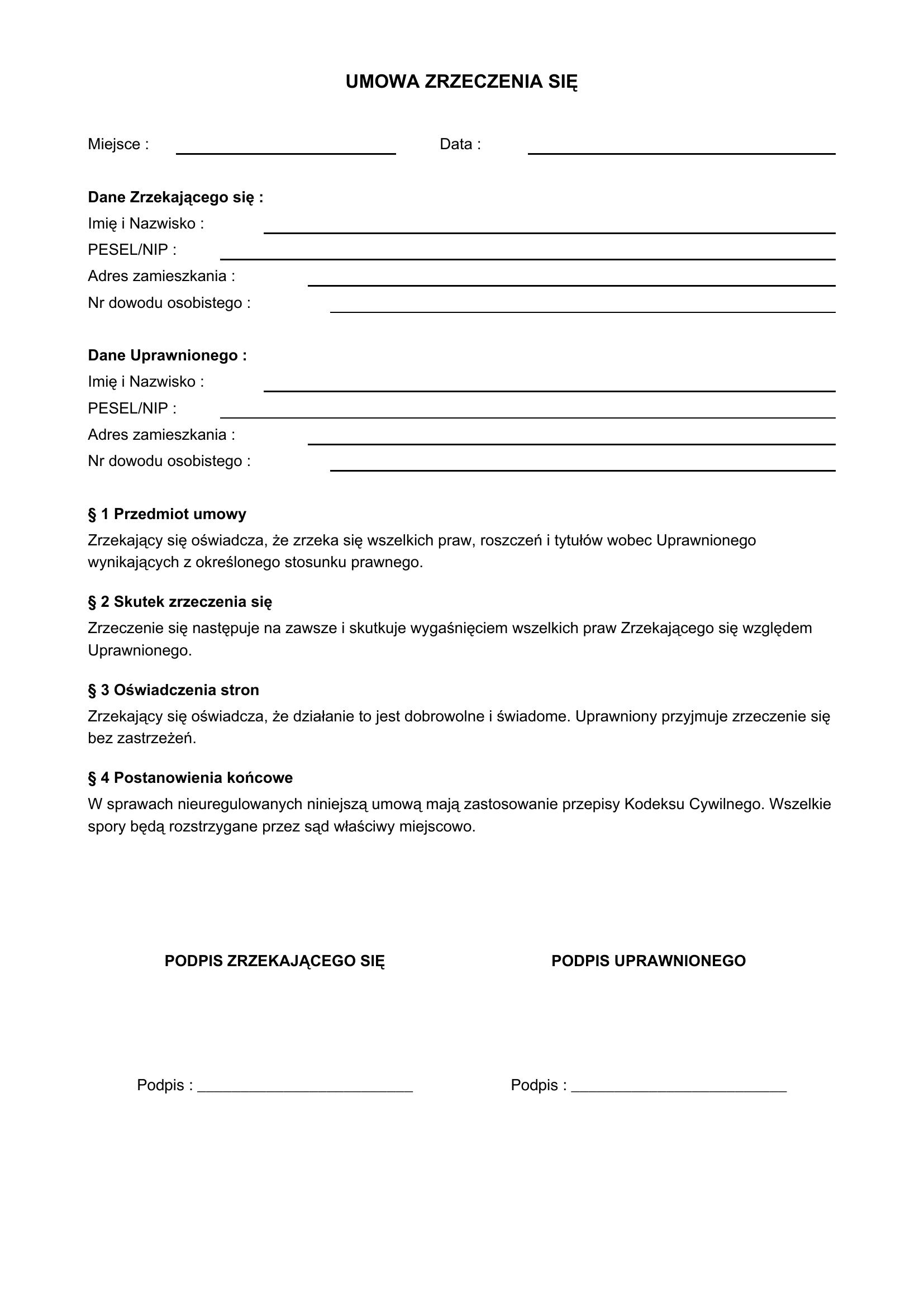 Umowa Zrzeczenia Się Wzór