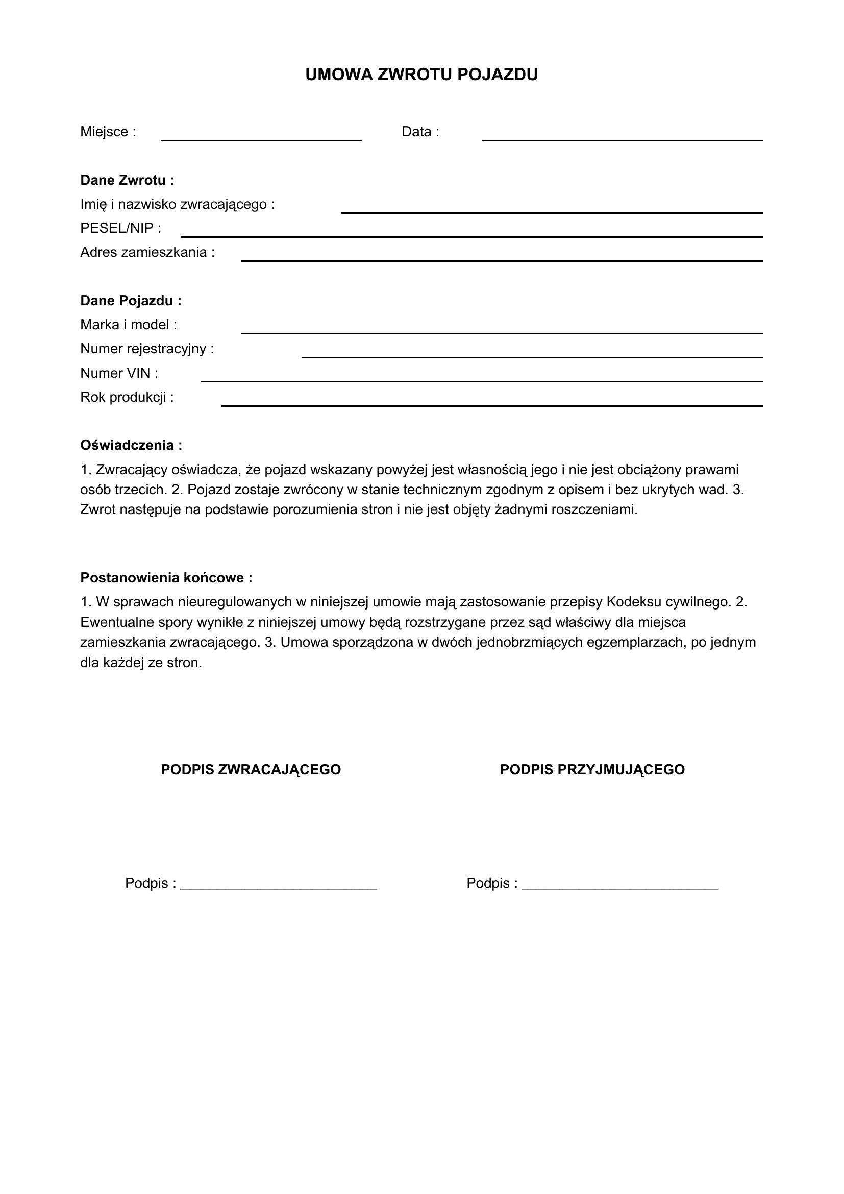 Umowa Zwrotu Pojazdu Wzór