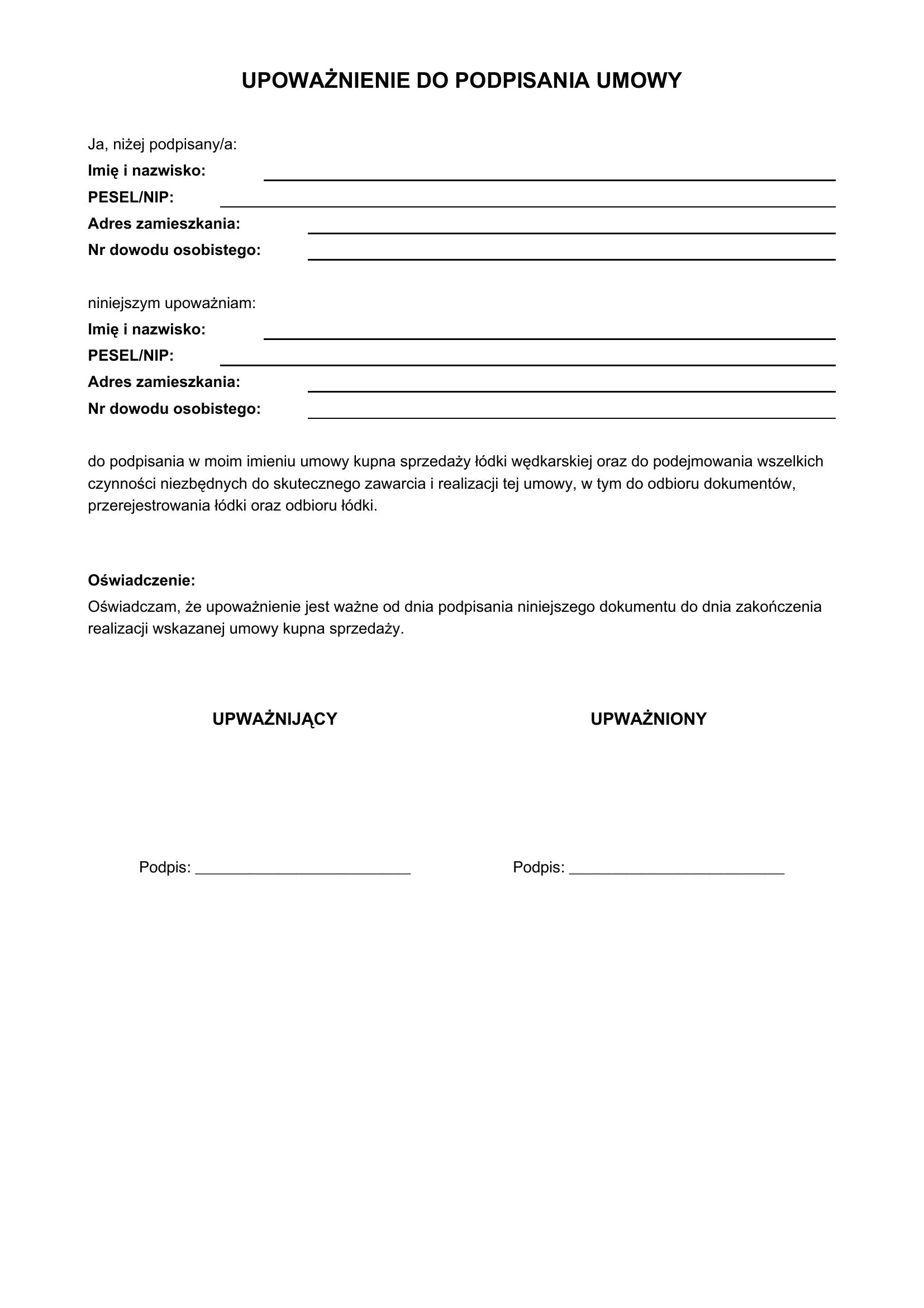 Upoważnienie Do Podpisania Umowy Wzór