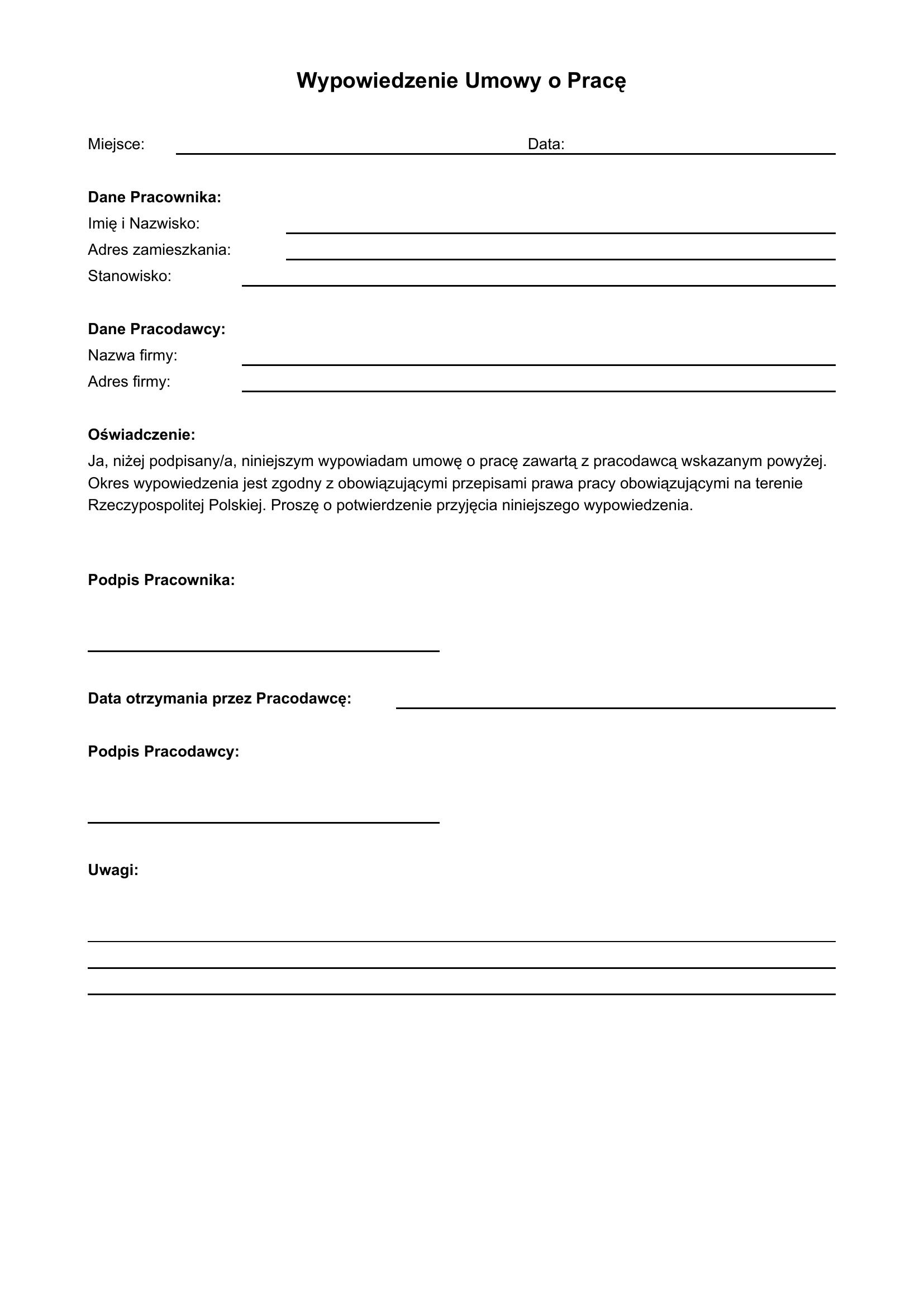 Wypowiedzenie Umowy O Pracę Norwegia Wzór