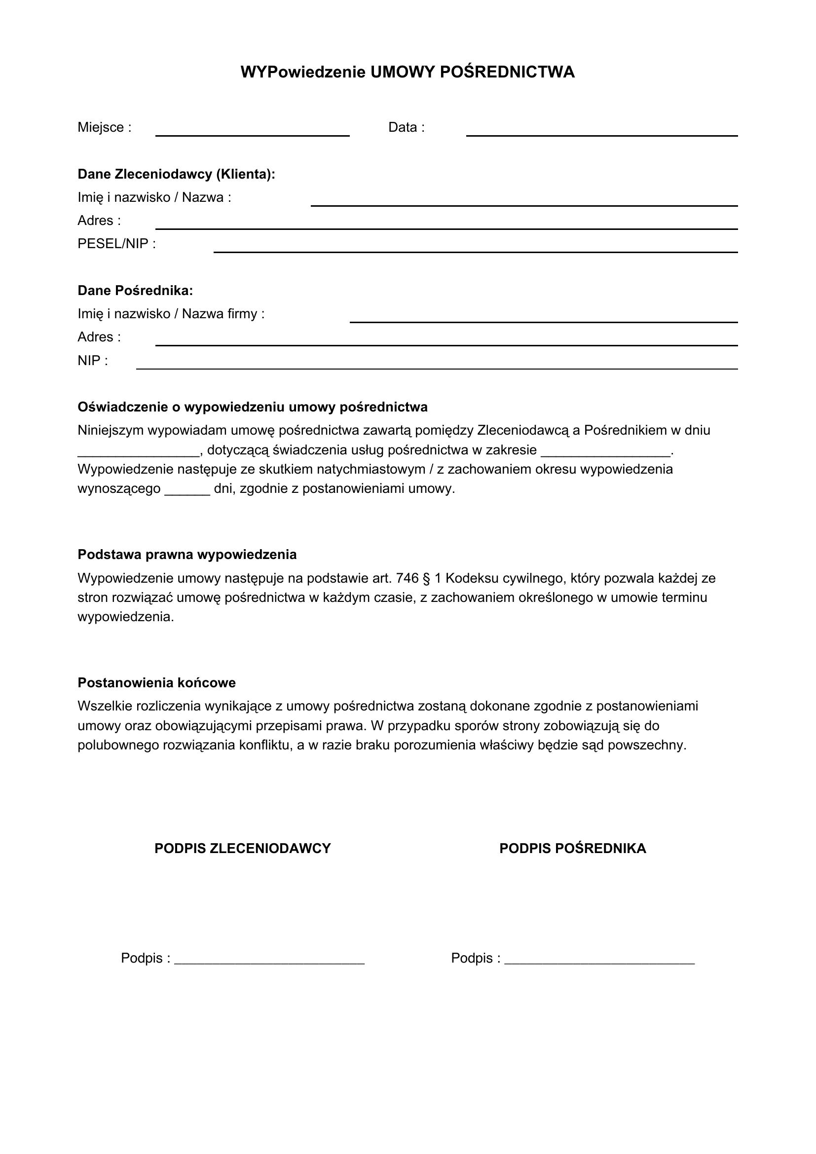 Wypowiedzenie Umowy Pośrednictwa Wzór