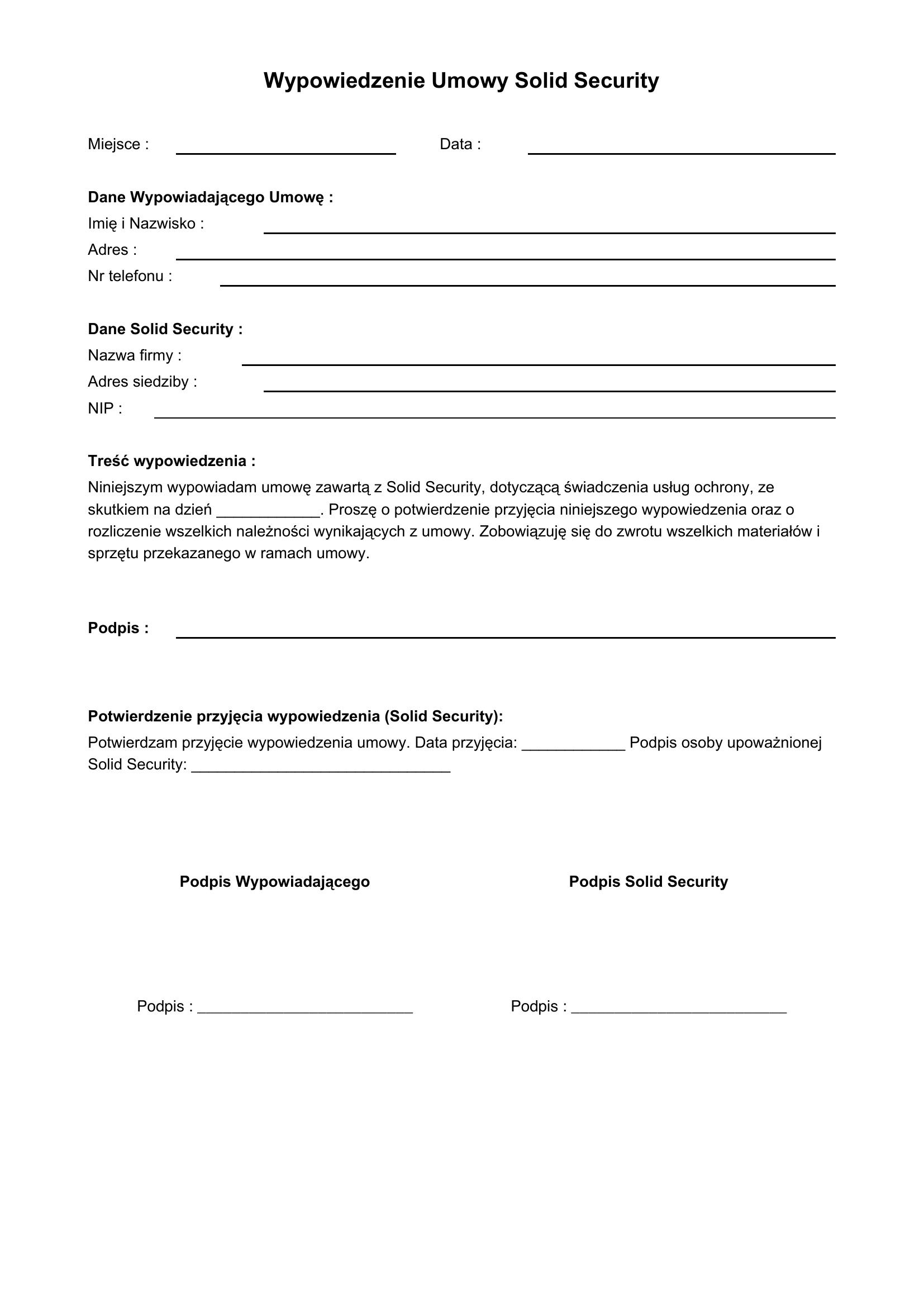 Wypowiedzenie Umowy Solid Security Wzór