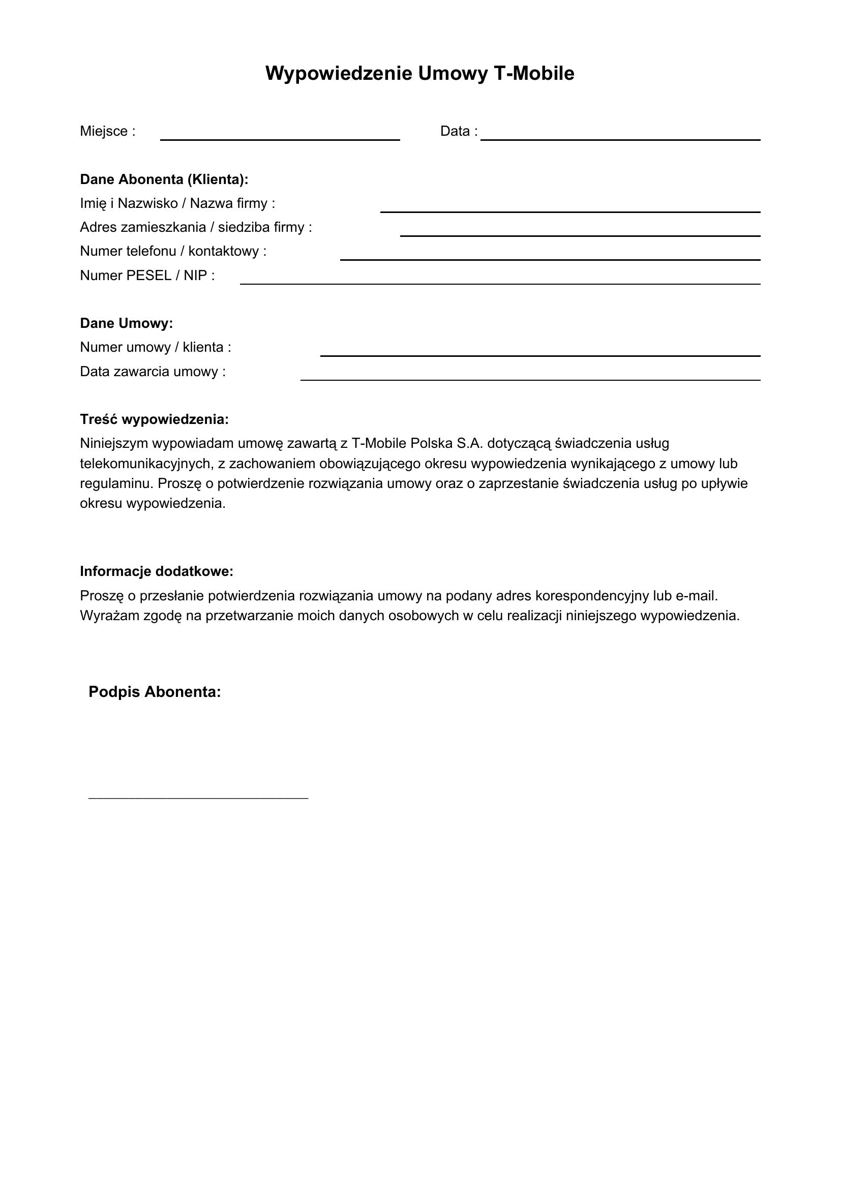 Wypowiedzenie Umowy T-Mobile Wzór