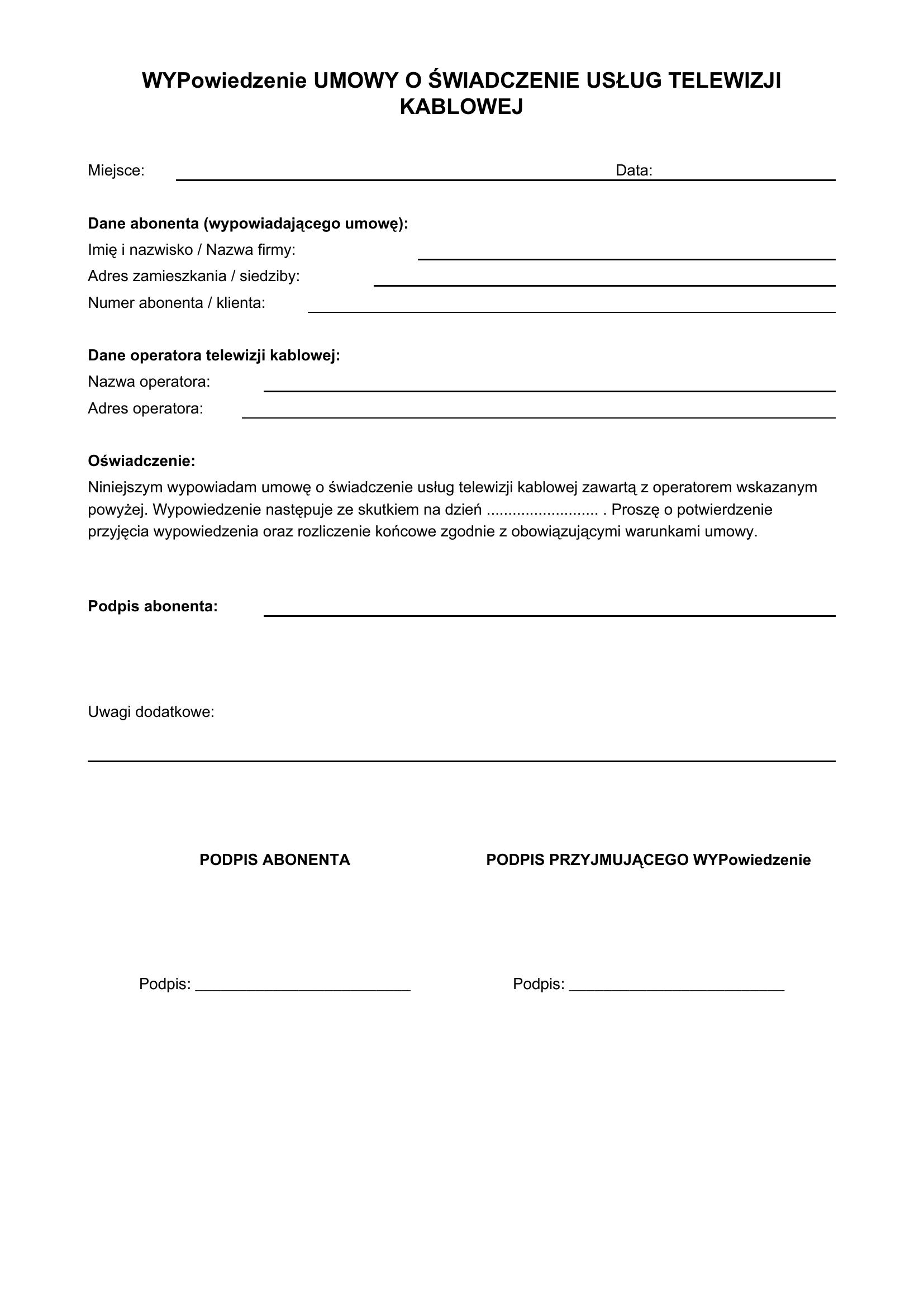 Wypowiedzenie Umowy Telewizji Kablowej Wzór