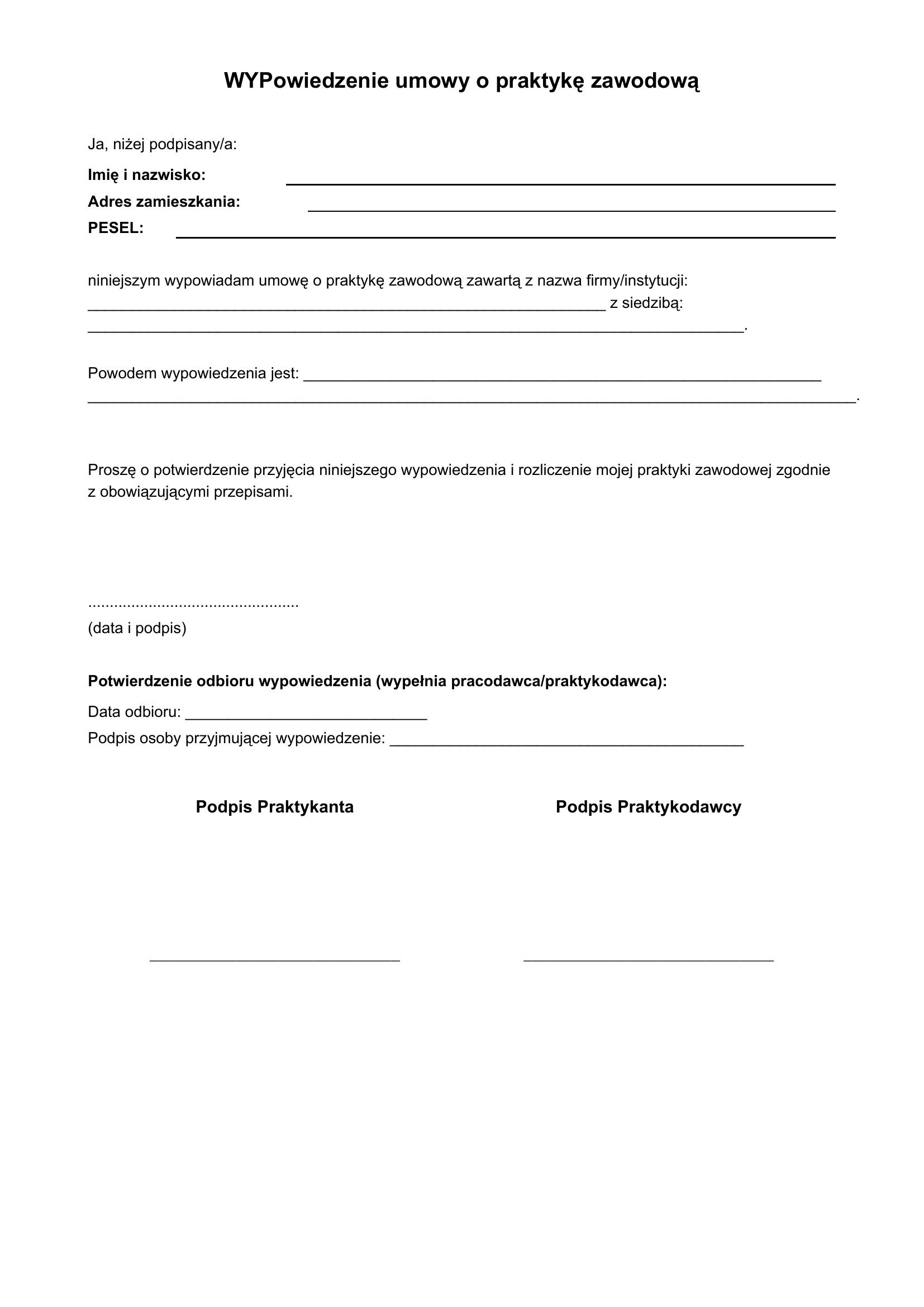 Wypowiedzenie Umowy Z Praktyki Zawodowej Wzór Pisma