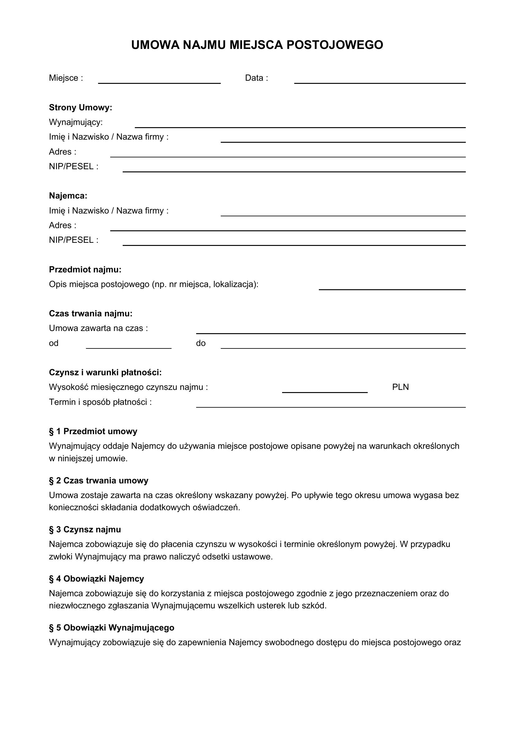 Wzór Najprostsza Umowa Najmu Miejsca Postojowego