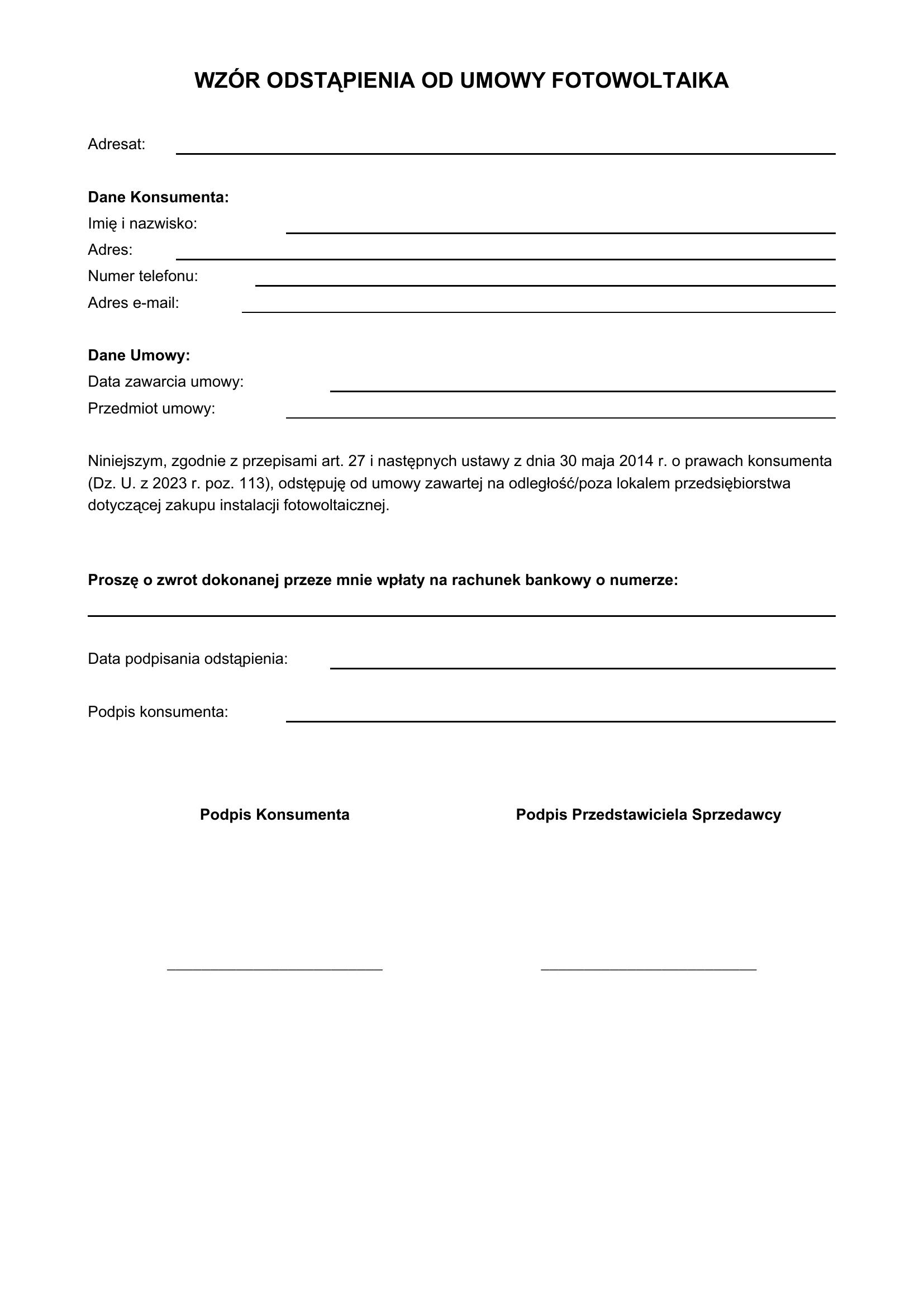 Wzór Odstąpienie Od Umowy Fotowoltaika