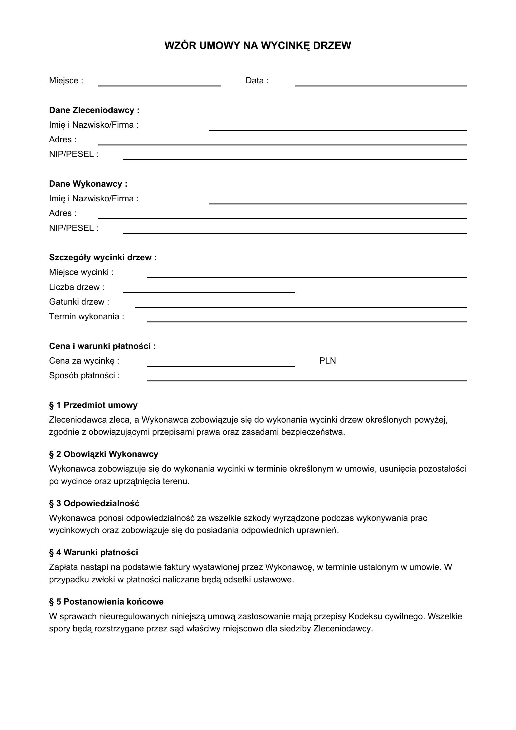 Wzór Umowy Na Wycinkę Drzew