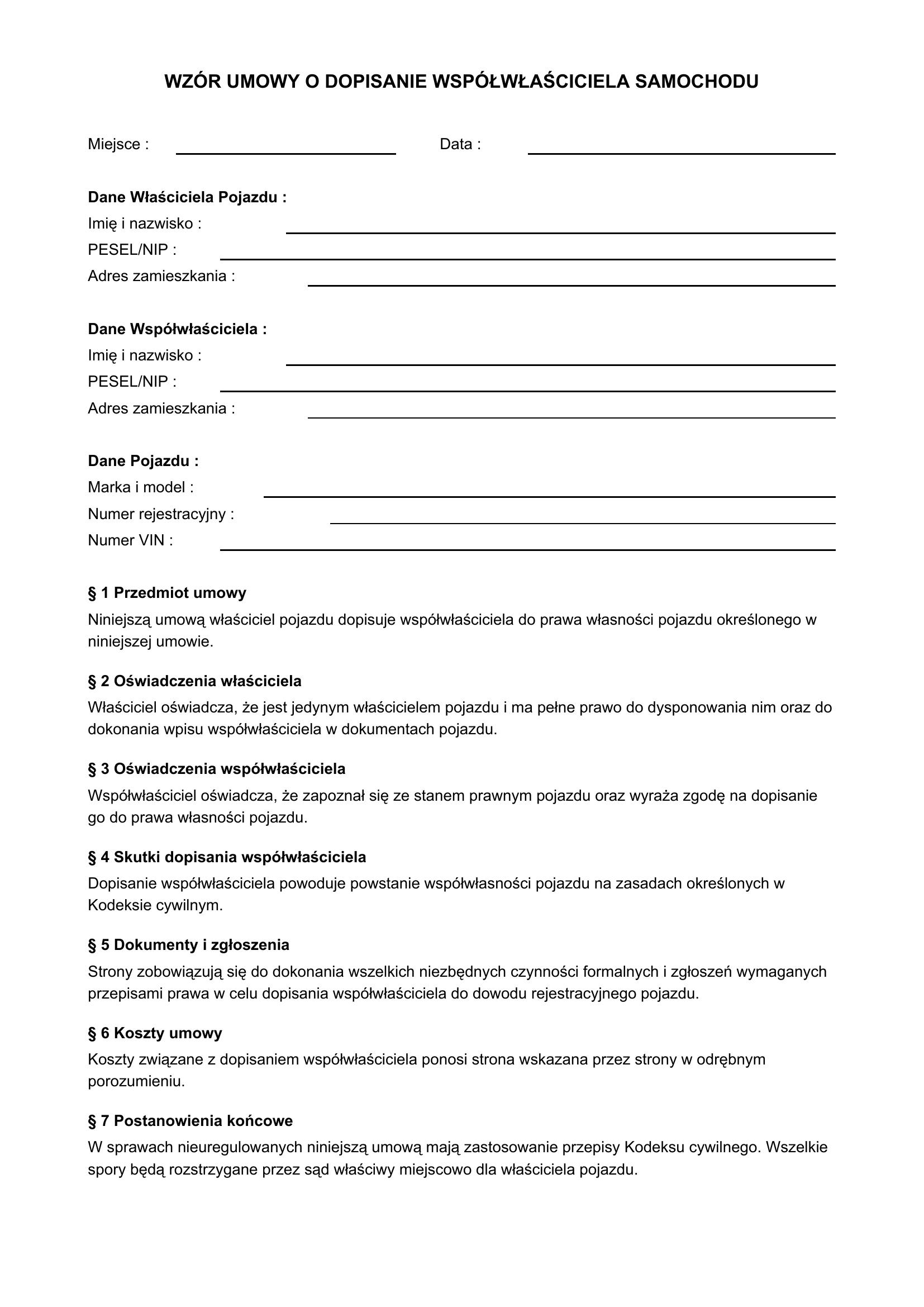 Wzór Umowy O Dopisanie Współwłaściciela Samochodu