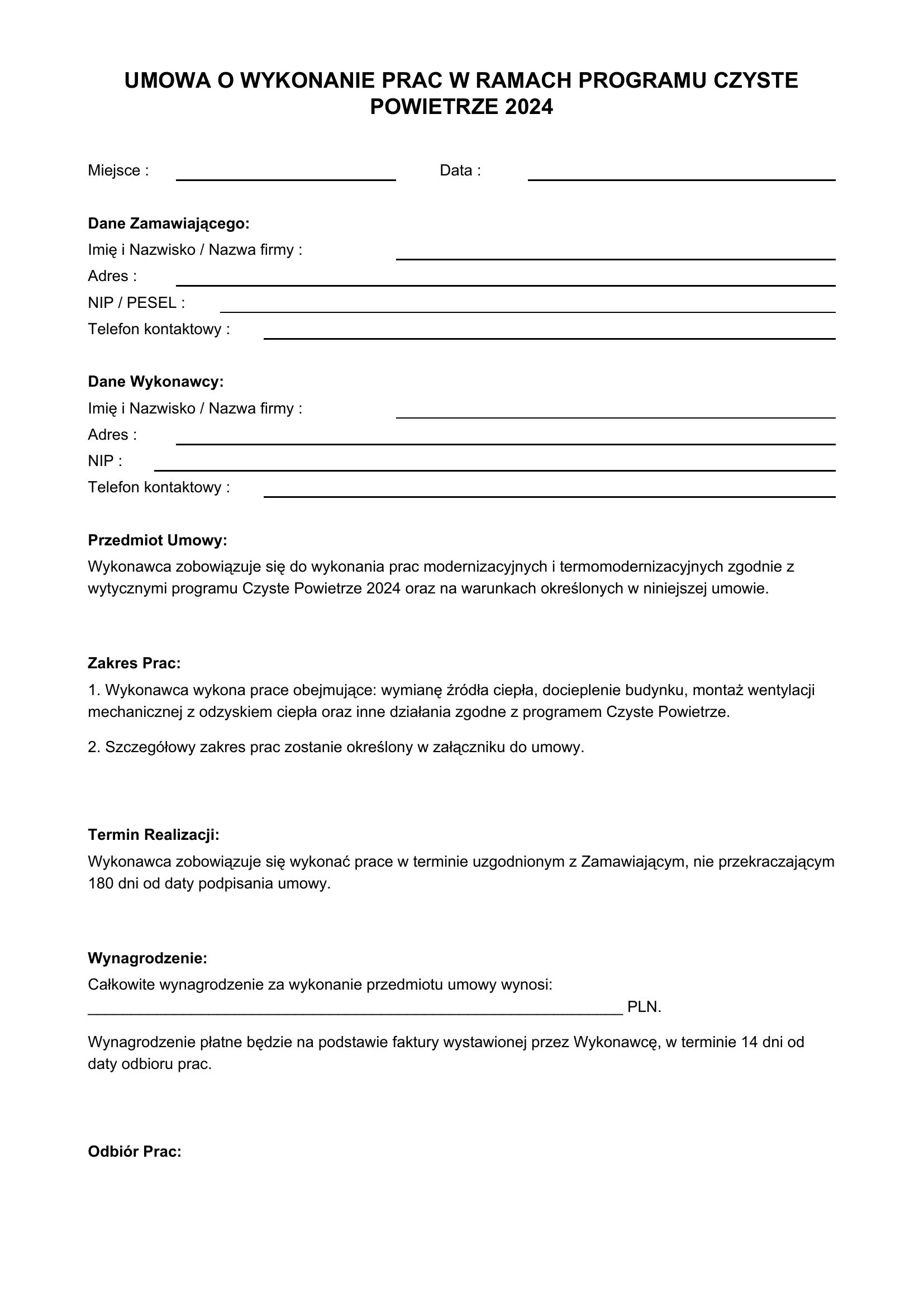 Wzór Umowy Z Wykonawcą Czyste Powietrze 2024