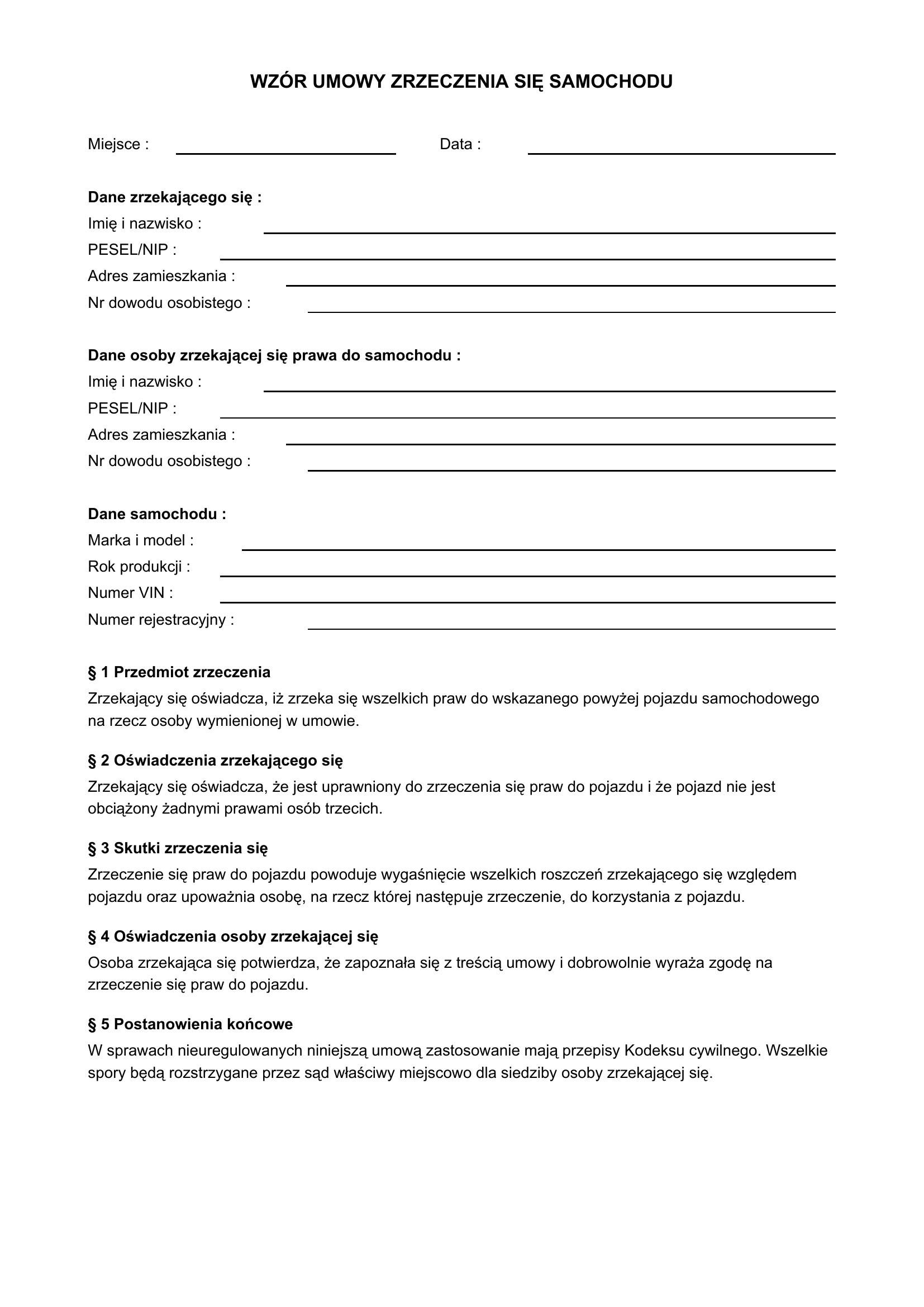 Wzór Umowy Zrzeczenia Się Samochodu