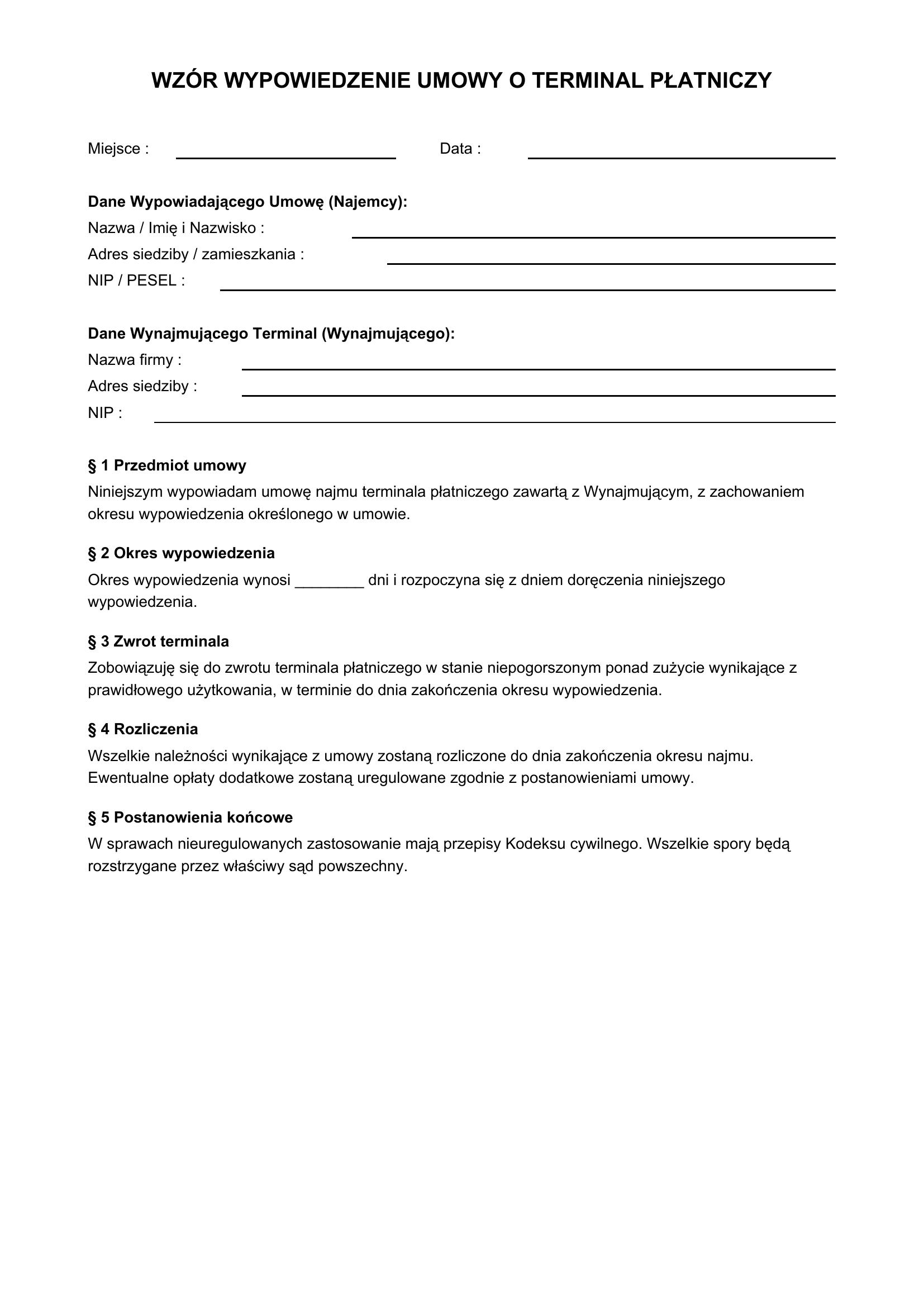 Wzór Wypowiedzenie Umowy O Terminal Płatniczy