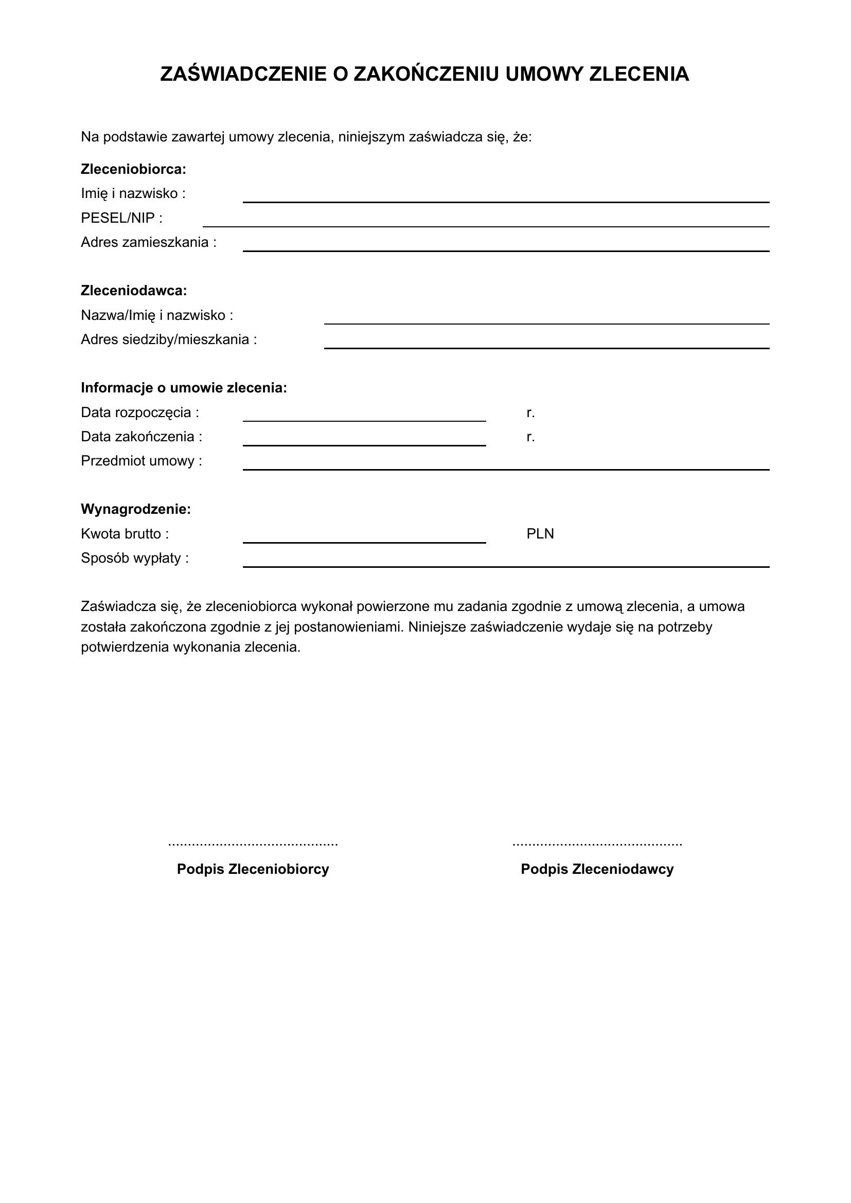 Zaświadczenie O Zakończeniu Umowy Zlecenia Wzór